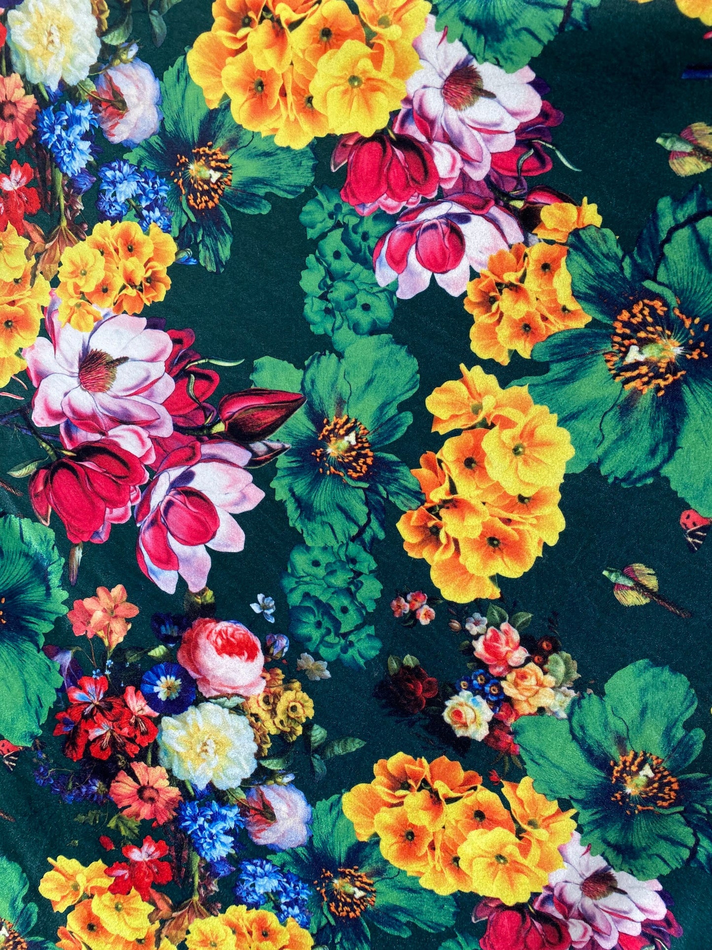 New Romantic multi flower design jade/multi print on stretch velvet 4-way 58/60” Sold by the YD. Ships Worldwide from Los Angeles California