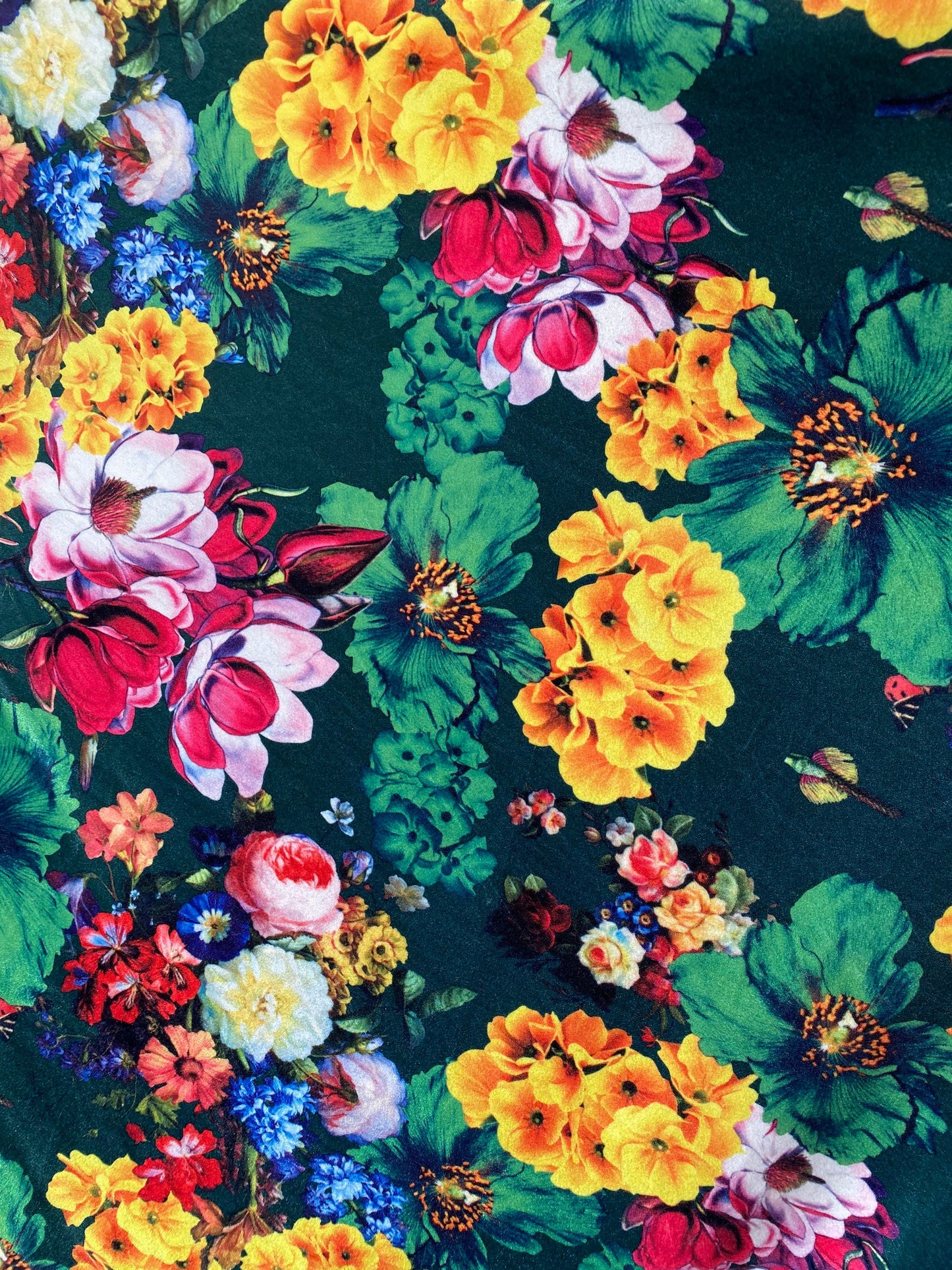 New Romantic multi flower design jade/multi print on stretch velvet 4-way 58/60” Sold by the YD. Ships Worldwide from Los Angeles California