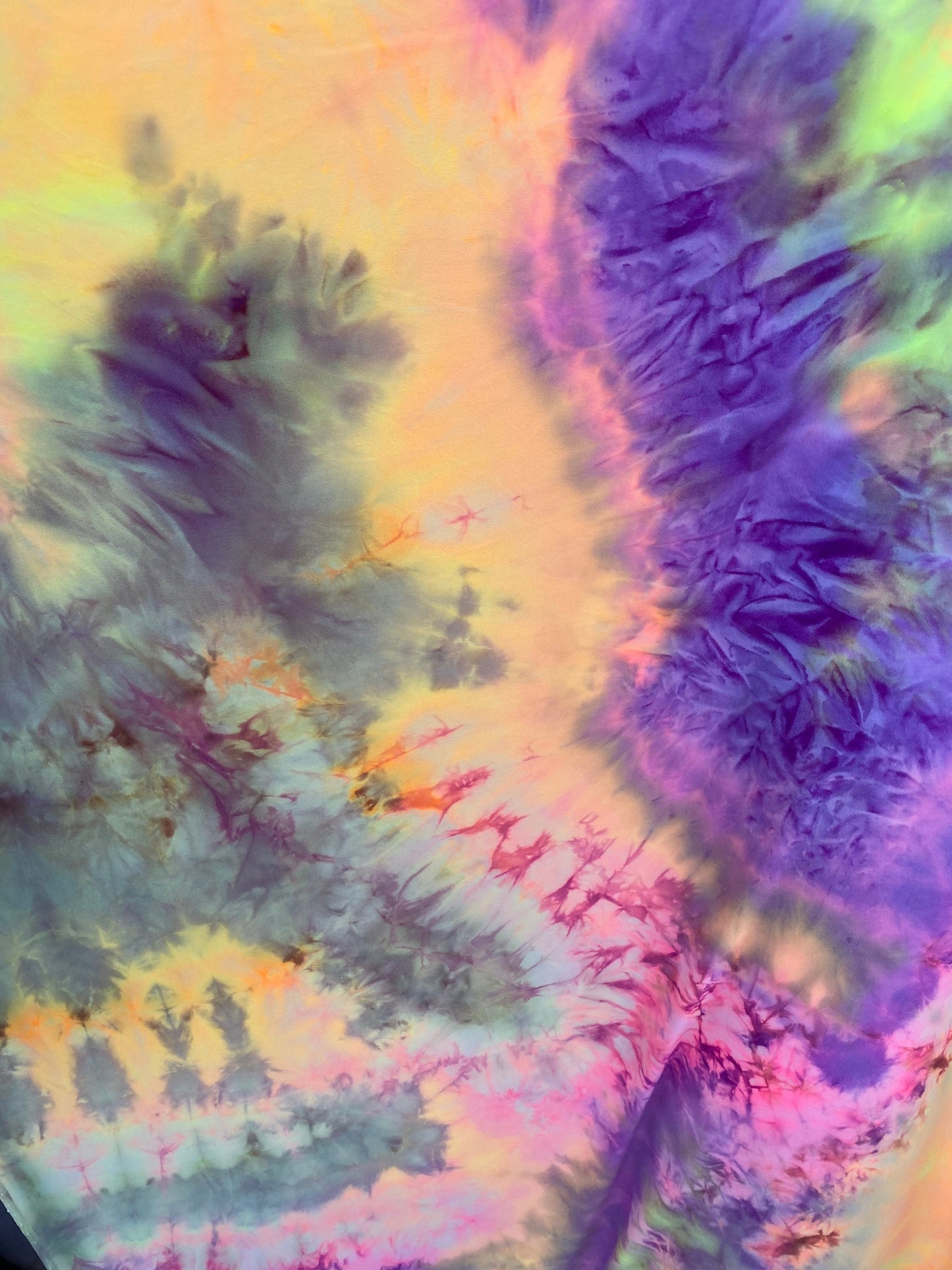 New tie dye multicolor soft poly spandex 4-way stretch medium weight 58/60” Sold by the YD. Ships Worldwide from Los Angeles California USA.