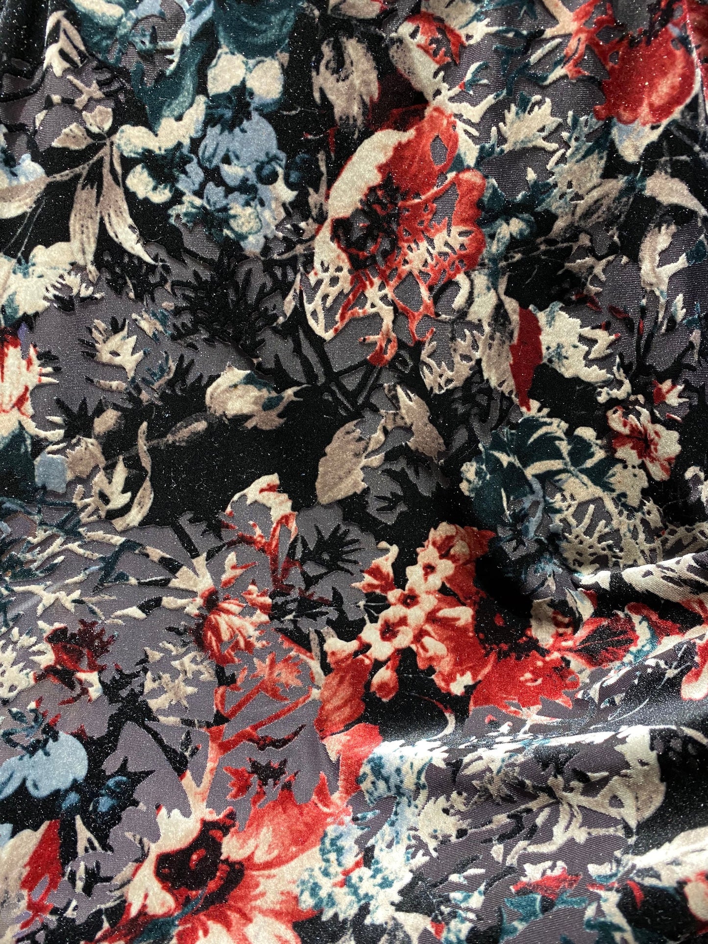 New Burnout velvet flower design Black multicolor 4-way stretch 58/60” Sold by the YD. Ships Worldwide from Los Angeles California USA.