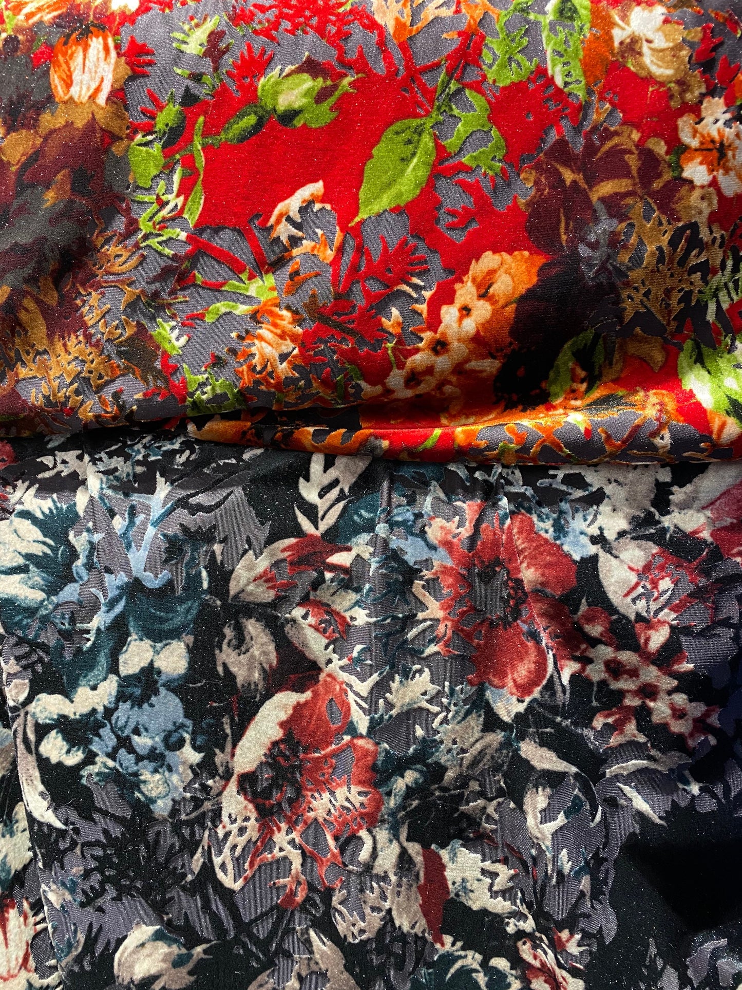 New Burnout velvet flower design Red/multicolor 4-way stretch 58/60” Sold by the YD. Ships Worldwide from Los Angeles California USA.