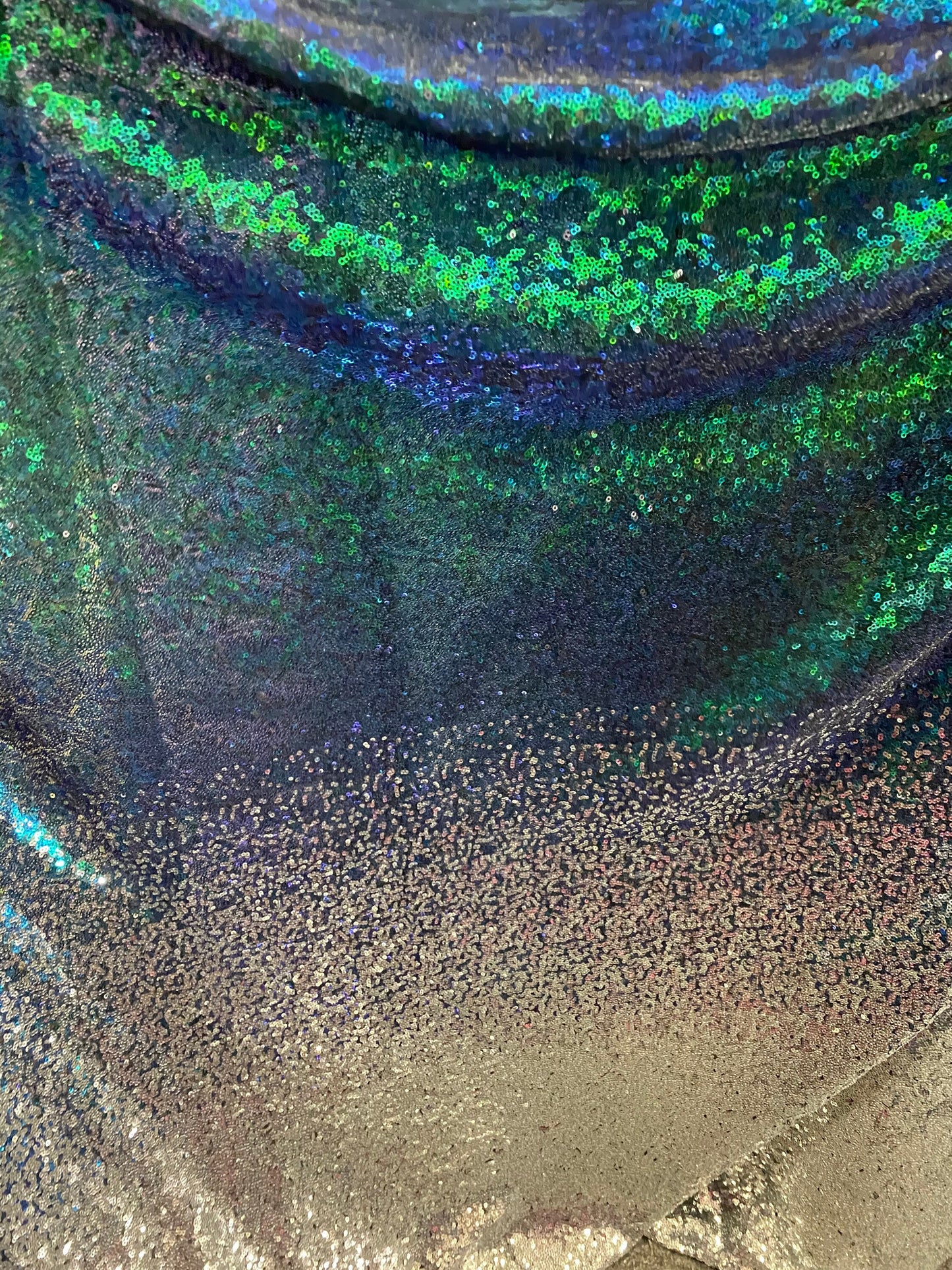 New Ombré design print on iridescent mini cosmic sequins embroidered on stretch mesh 2-way 55/57” Sold by the YD. Ships Worldwide