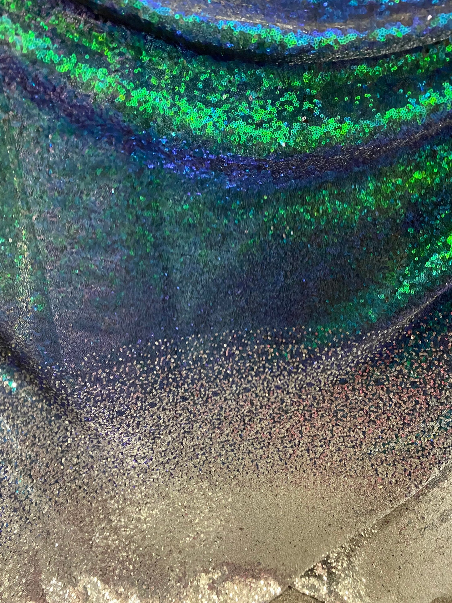 New Ombré design print on iridescent mini cosmic sequins embroidered on stretch mesh 2-way 55/57” Sold by the YD. Ships Worldwide