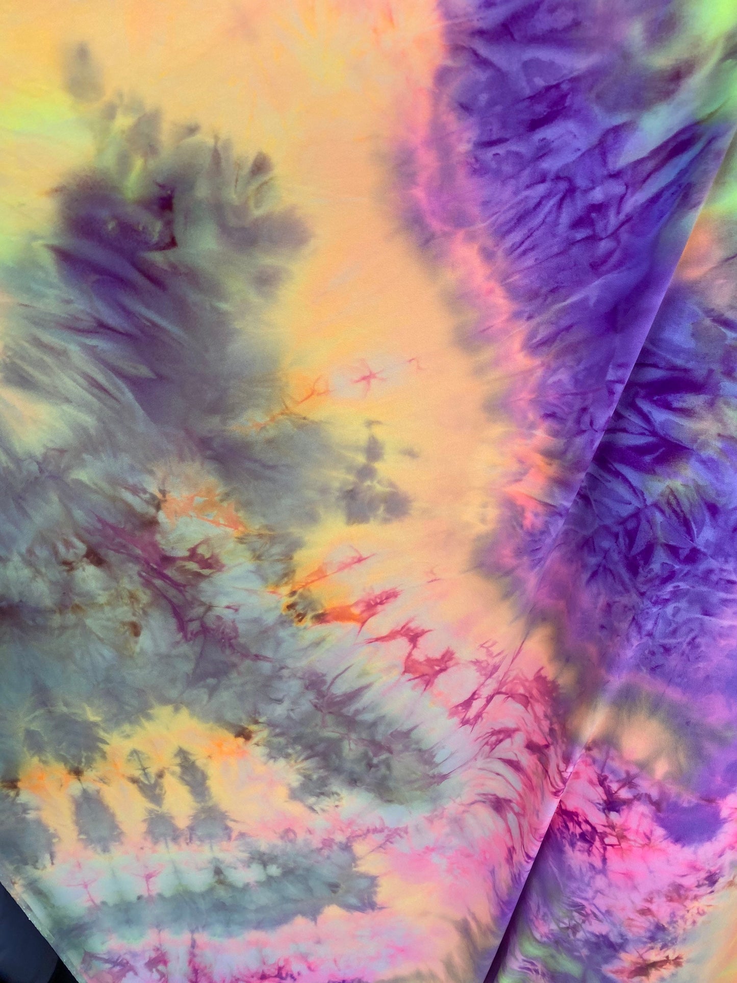 New tie dye multicolor soft poly spandex 4-way stretch medium weight 58/60” Sold by the YD. Ships Worldwide from Los Angeles California USA.
