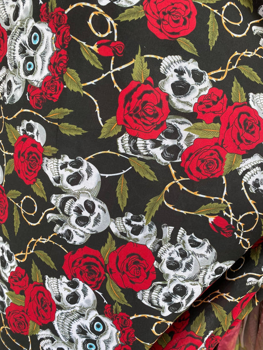 100% cotton skulls design print on very soft fabric non stretch cotton fabric 54/55” Sold by the YD. Ships worldwide from Los Angeles CA.
