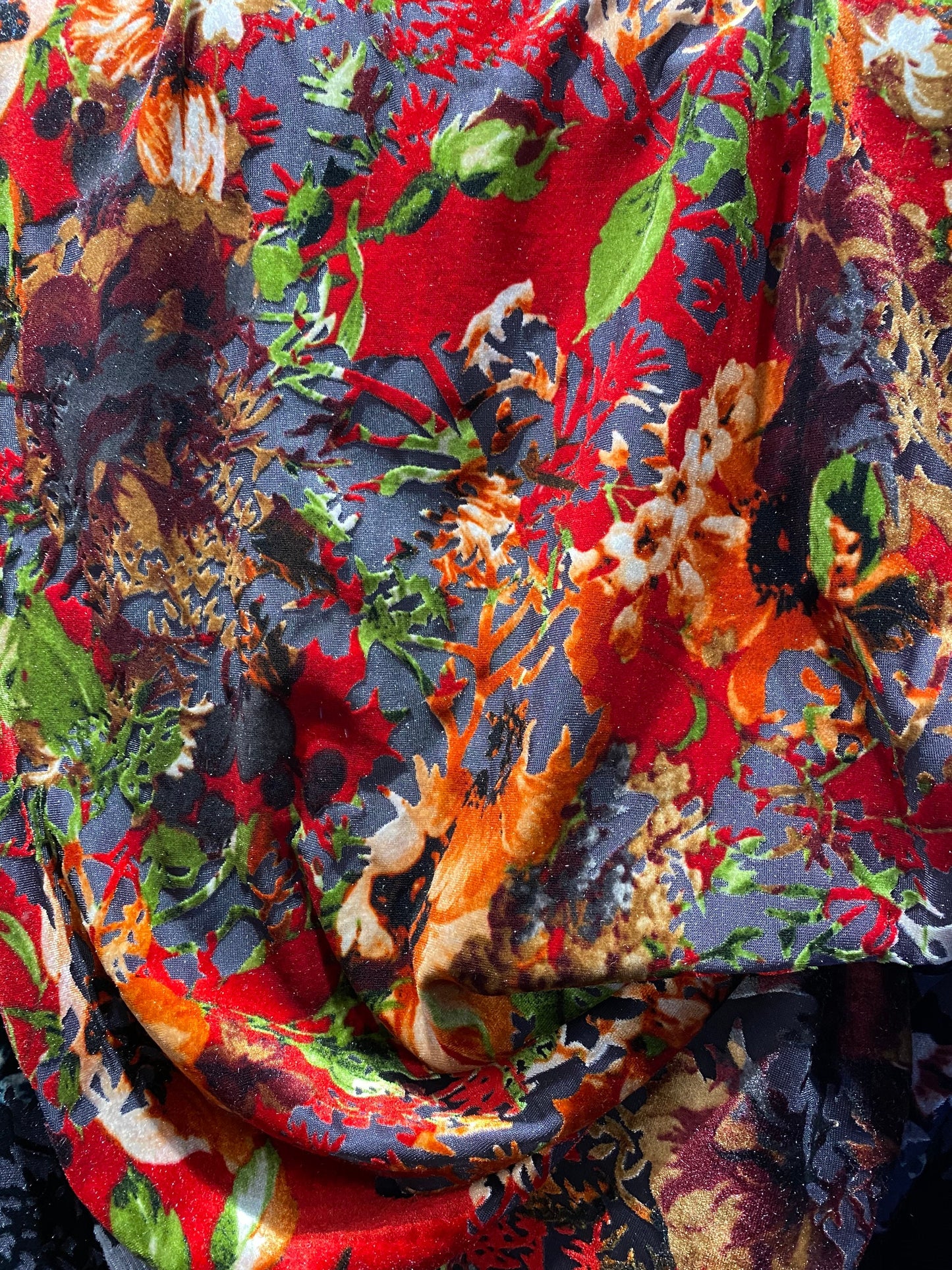 New Burnout velvet flower design Red/multicolor 4-way stretch 58/60” Sold by the YD. Ships Worldwide from Los Angeles California USA.