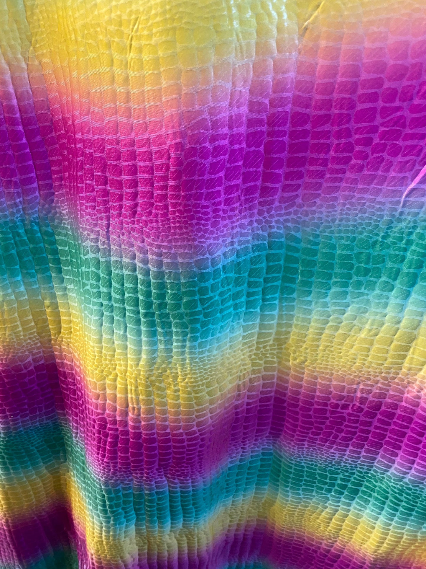 New rainbow crocodile design print on poly spandex with clear foil 2-way stretch 58/60” Sold by the YD. Ships Worldwide from Los Angeles