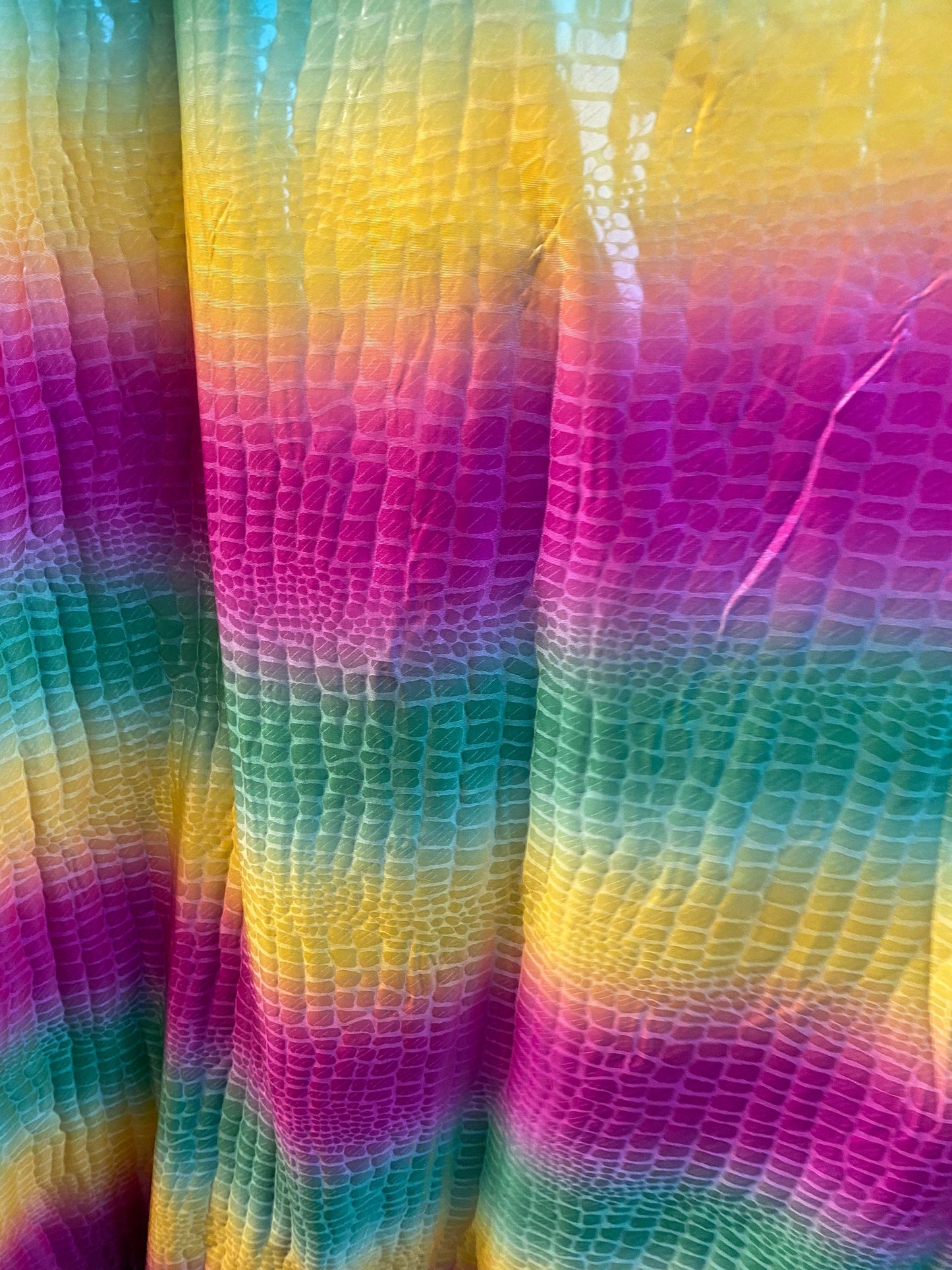 New rainbow crocodile design print on poly spandex with clear foil 2-way stretch 58/60” Sold by the YD. Ships Worldwide from Los Angeles