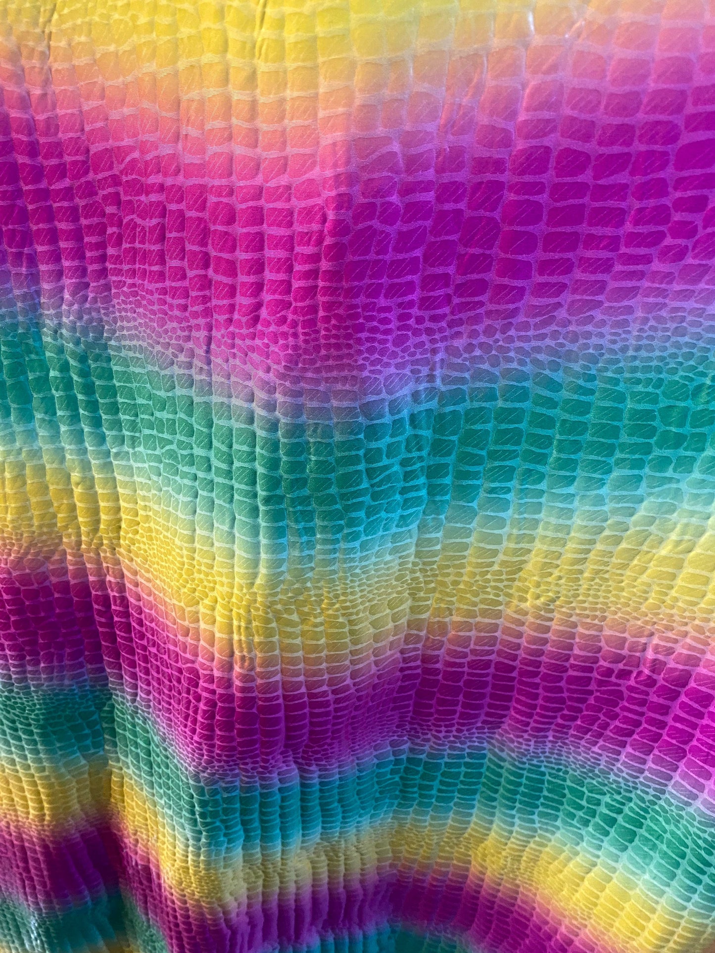 New rainbow crocodile design print on poly spandex with clear foil 2-way stretch 58/60” Sold by the YD. Ships Worldwide from Los Angeles