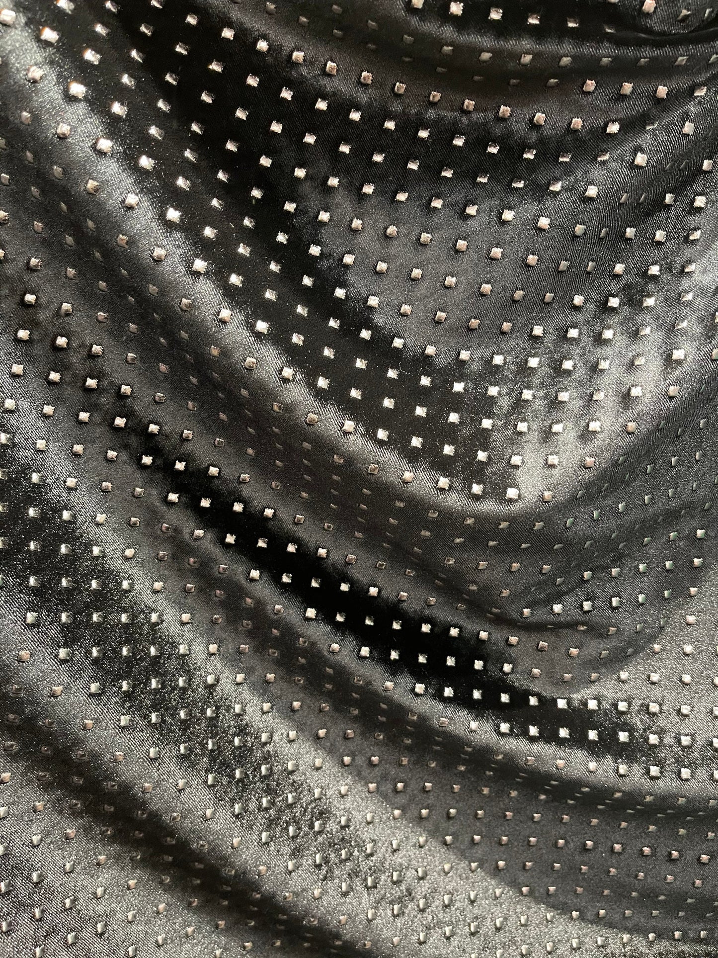 New Gladiator stretch velvet with metallic dots 4-way stretch 58/60” Sold by the YD. Ships Worldwide from Los Angeles California USA.
