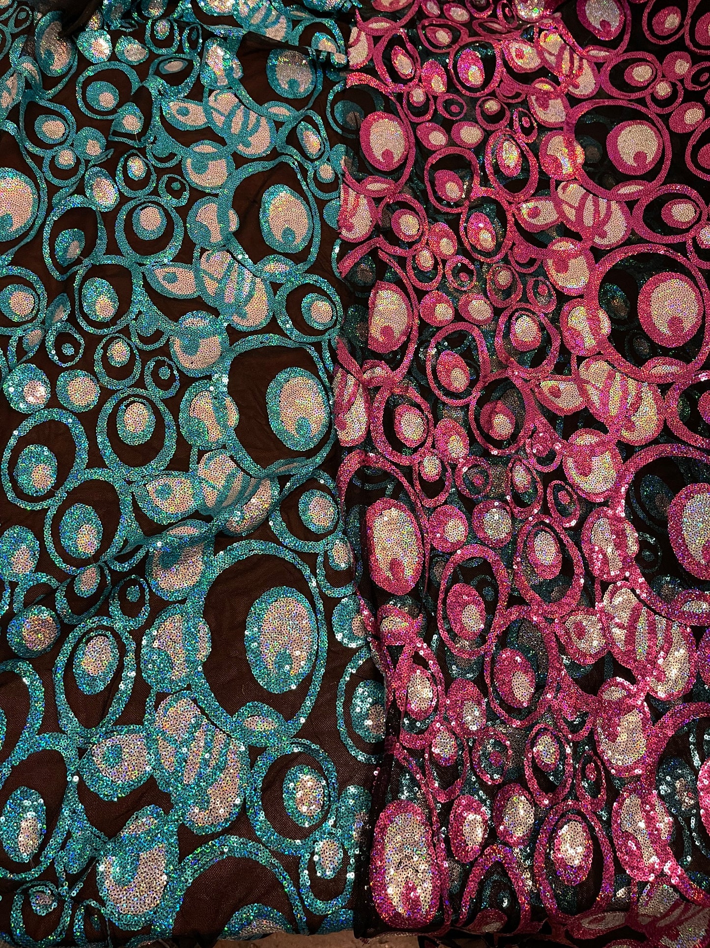 New peacock design hologram sequins embroidered on stretch mesh 2-way stretch 58/60” Sold by the YD. Ships Worldwide from Los Angeles CA USA