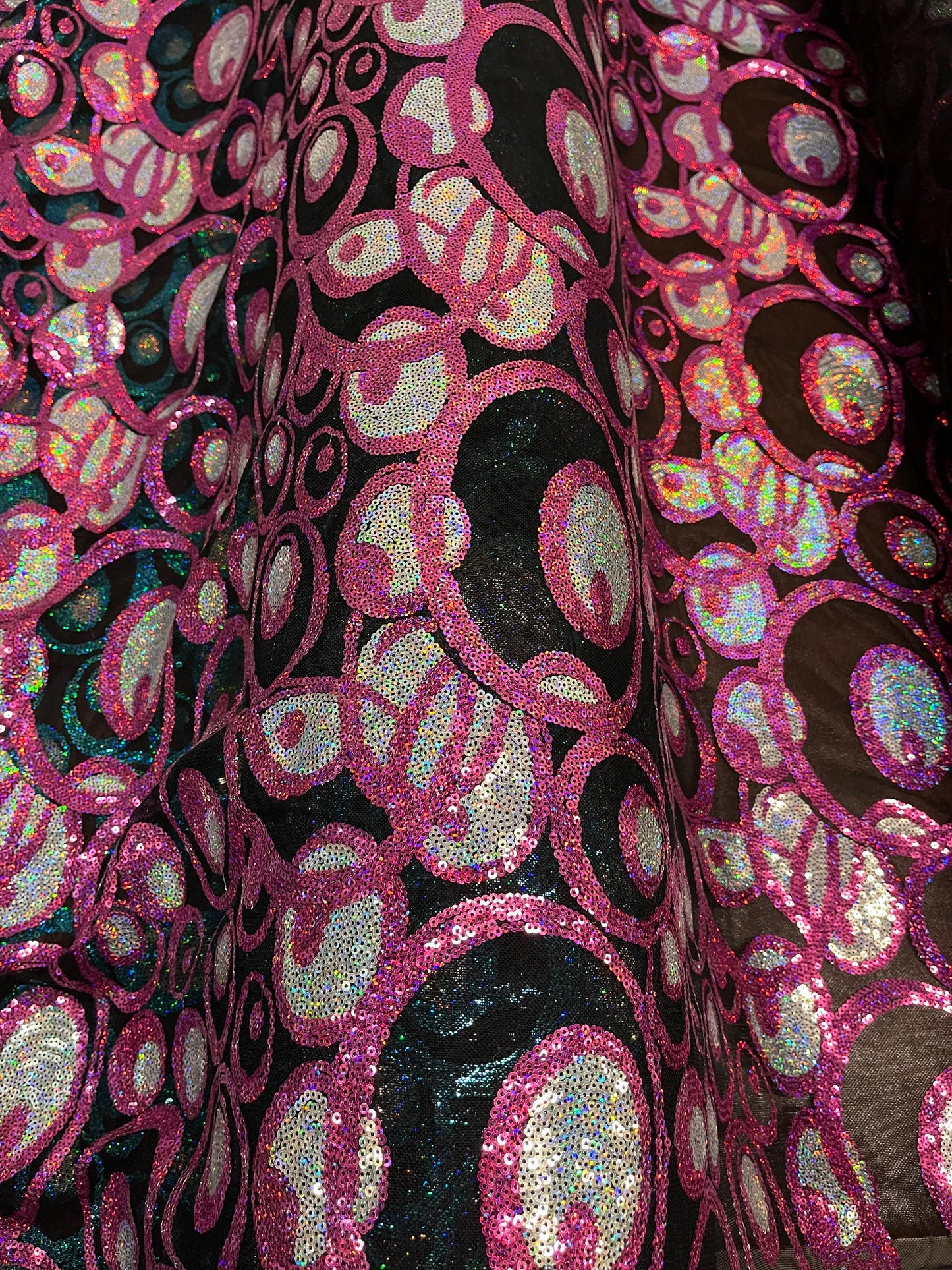 New peacock design hologram sequins embroidered on stretch mesh 2-way stretch 58/60” Sold by the YD. Ships Worldwide from Los Angeles CA USA