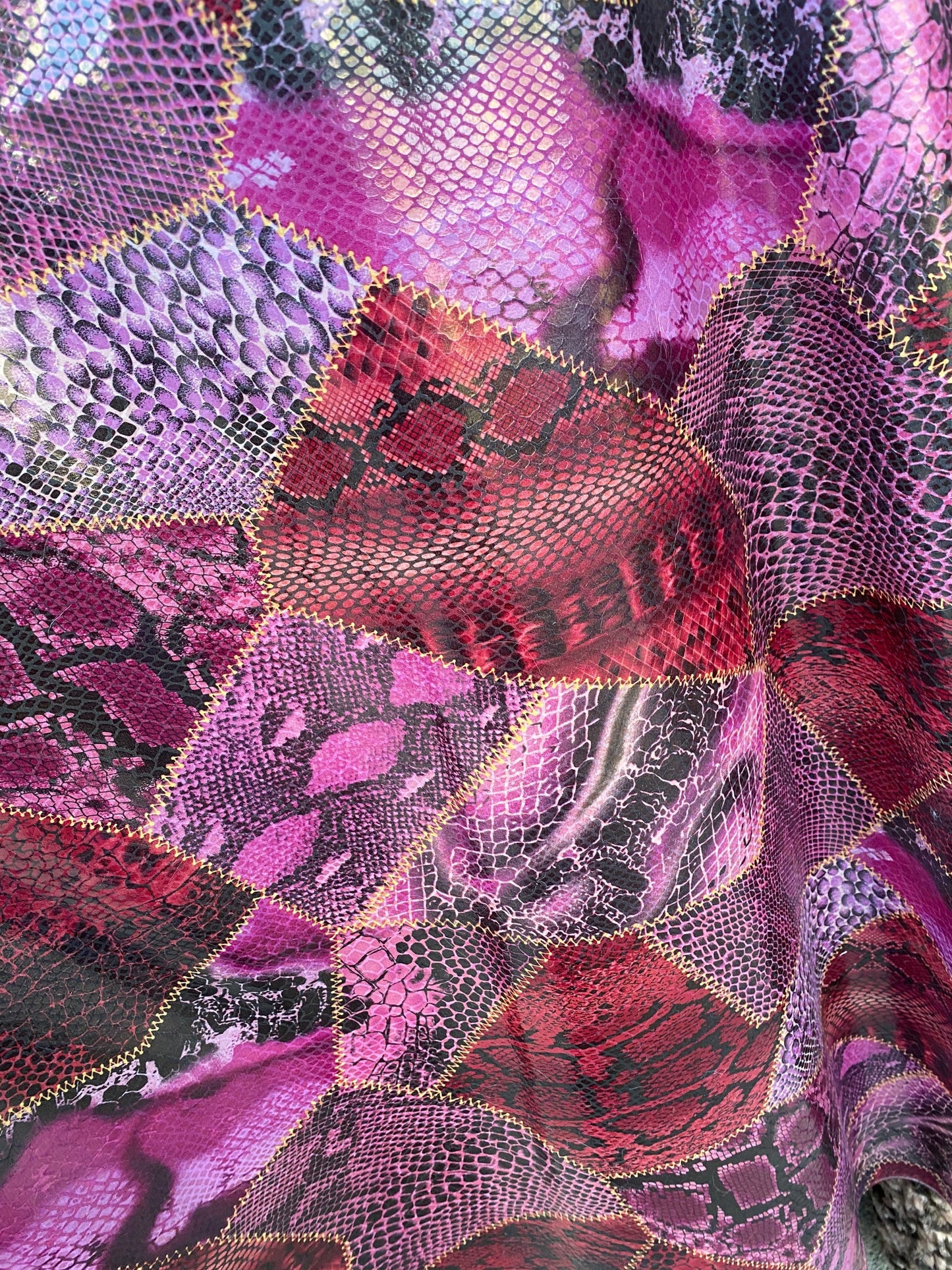 New Exotic multi snake design print on poly interlock with clear foil non stretch 58/60” Sold by the YD. Ships Worldwide from Los Angeles CA
