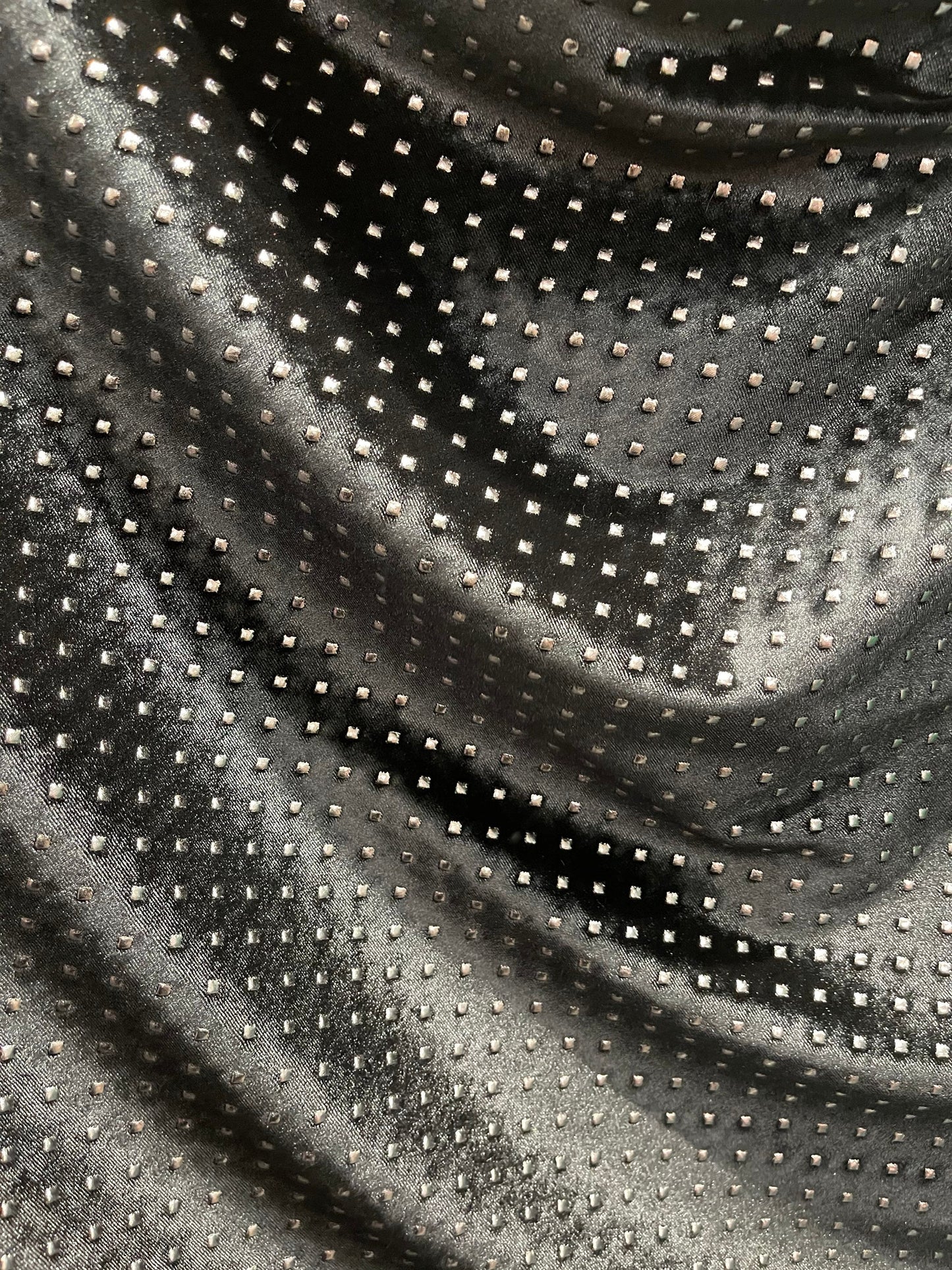 New Gladiator stretch velvet with metallic dots 4-way stretch 58/60” Sold by the YD. Ships Worldwide from Los Angeles California USA.