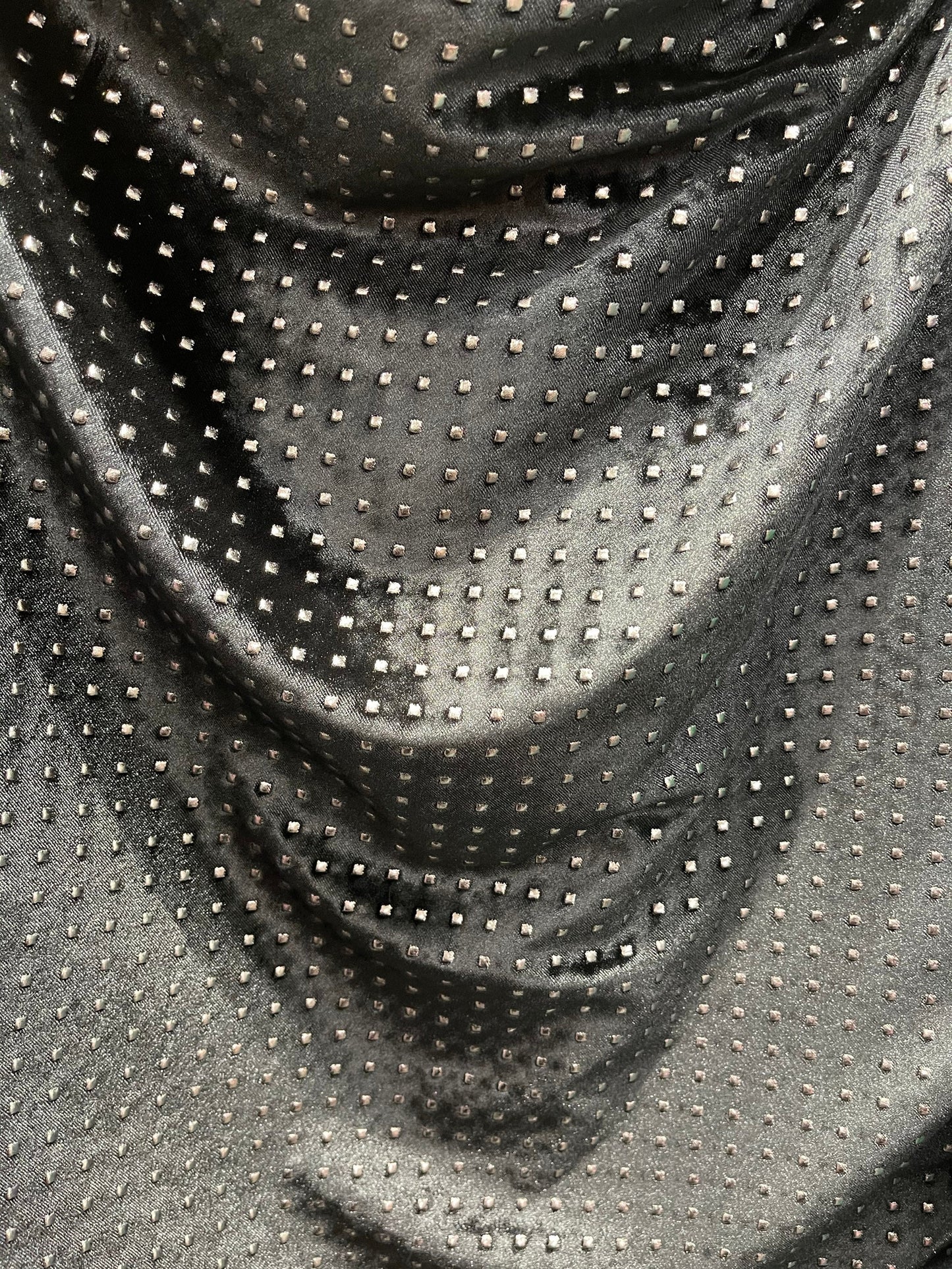 New Gladiator stretch velvet with metallic dots 4-way stretch 58/60” Sold by the YD. Ships Worldwide from Los Angeles California USA.