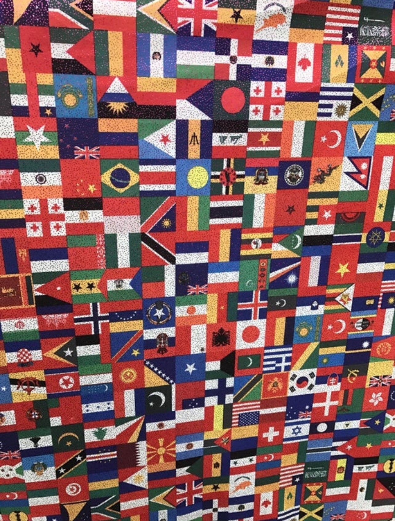 Internacional flags design print on best quality of nylon spandex with foggy foil all over 4-way stretch 58/60” Sold by the YD.