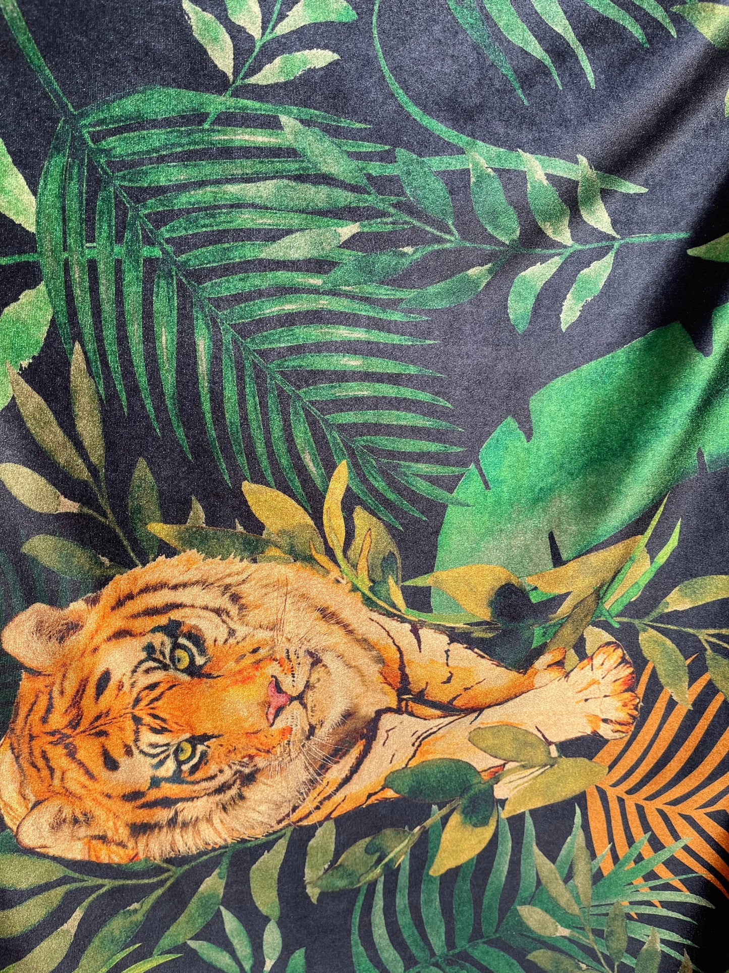 Exotic Tiger design print on great quality of stretch velvet 4-way stretch 58/60” Sold by the YD. Ships Worldwide from Los Angeles cali USA.