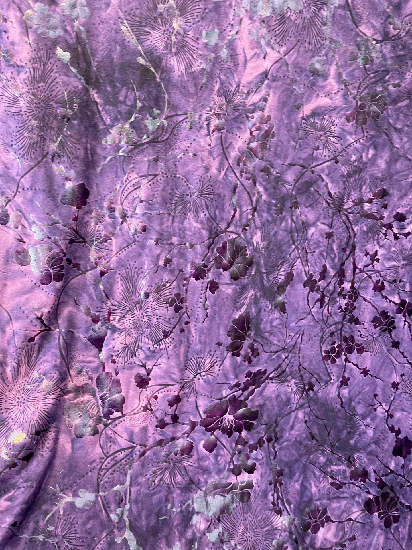 New tie dye poly spandex with foil 4-way floral design medium weight 58/60” Sold by the YD. Ships Worldwide from Los Angeles California USA