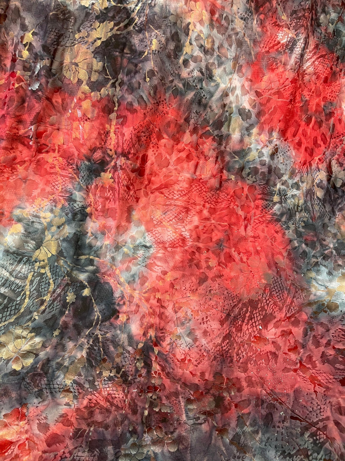 New tie dye poly spandex with foil red floral design medium weight 58/60” Sold by the YD. Ships Worldwide from Los Angeles California USA.