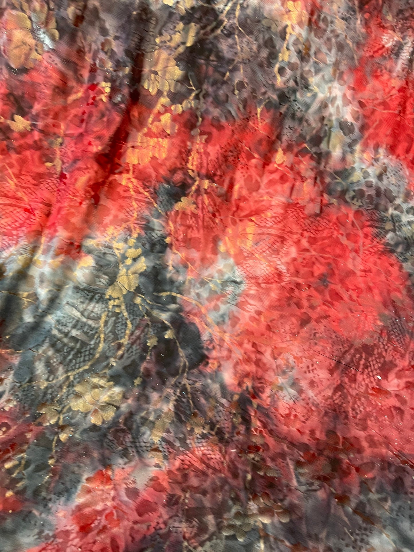 New tie dye poly spandex with foil red floral design medium weight 58/60” Sold by the YD. Ships Worldwide from Los Angeles California USA.