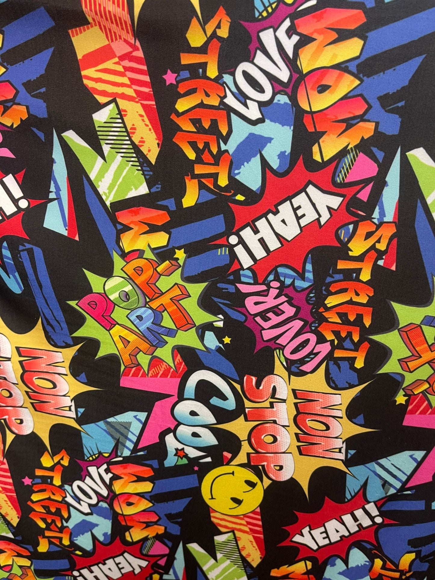 Graffiti Pop Art design print on great poly spandex 4-way stretch light weight 58/60” Sold by the YD. Ships Worldwide from Los Angeles cali