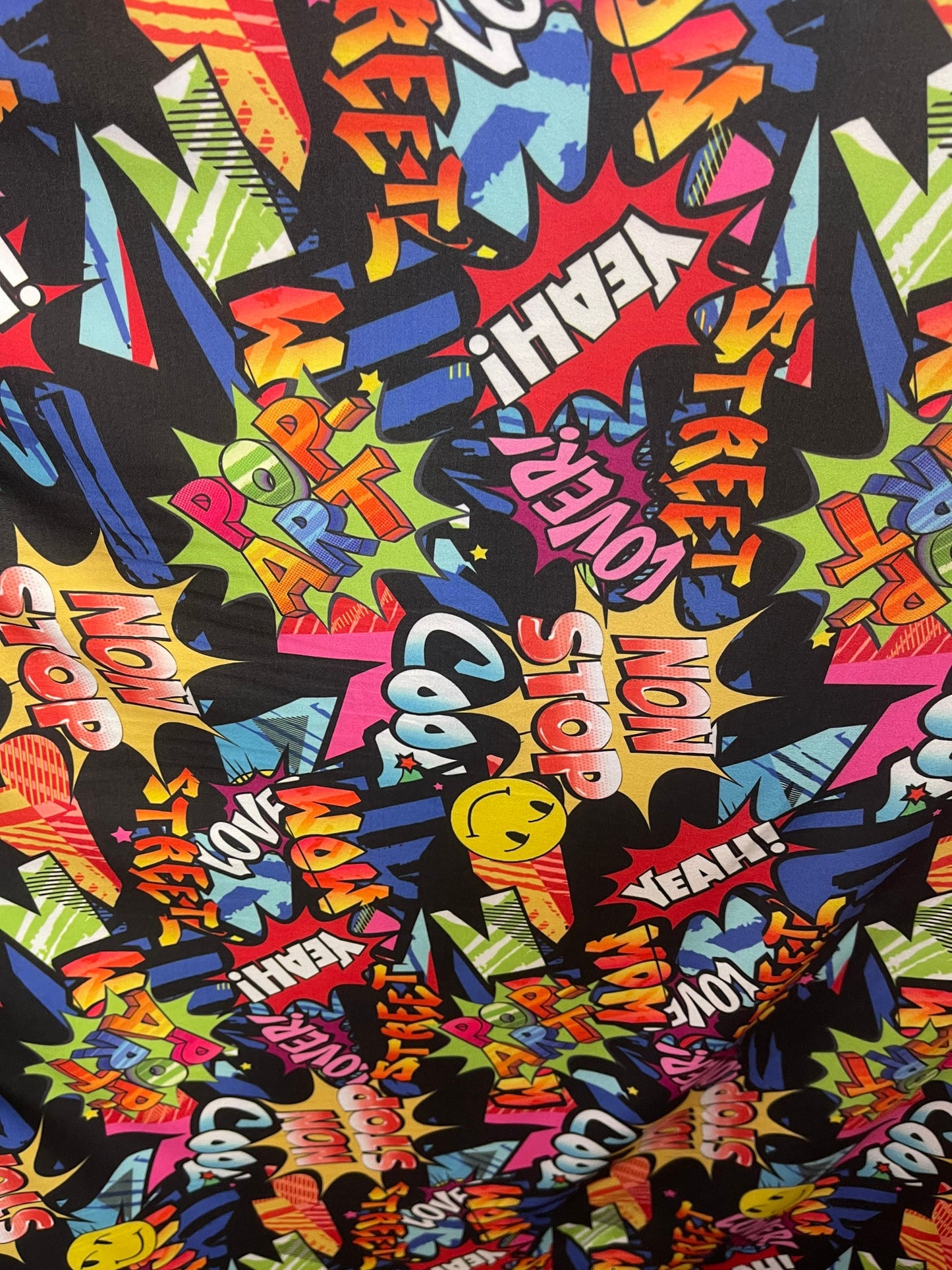 Graffiti Pop Art design print on great poly spandex 4-way stretch light weight 58/60” Sold by the YD. Ships Worldwide from Los Angeles cali