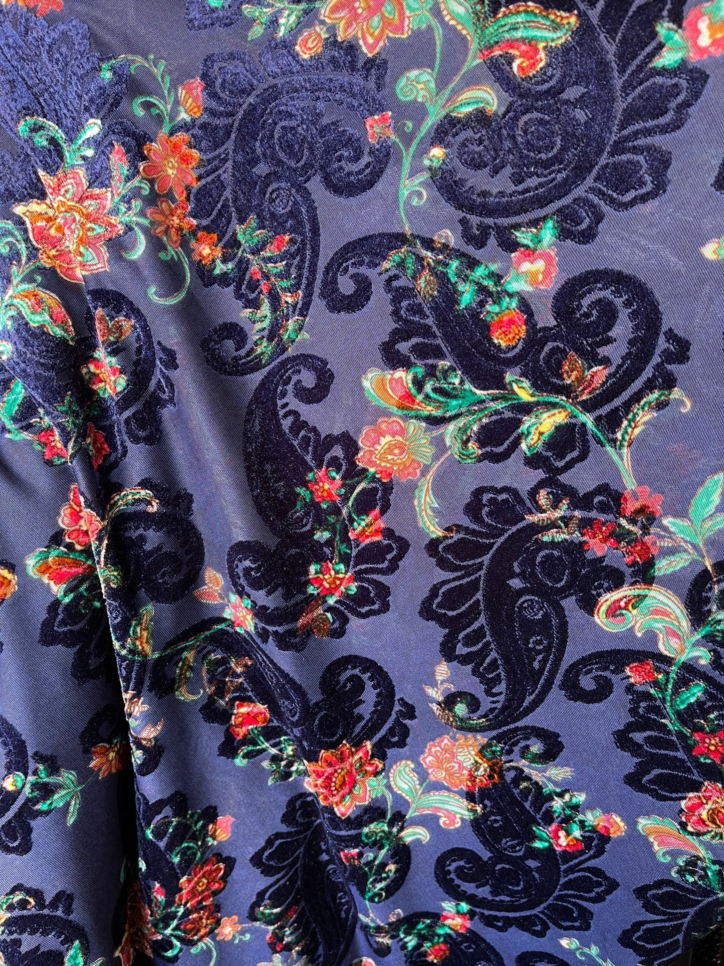 New Luxury burnout velvet paisley design Midnight blue 4-way stretch 58/60” Sold by the YD. Ships Worldwide from Los Angeles California USA