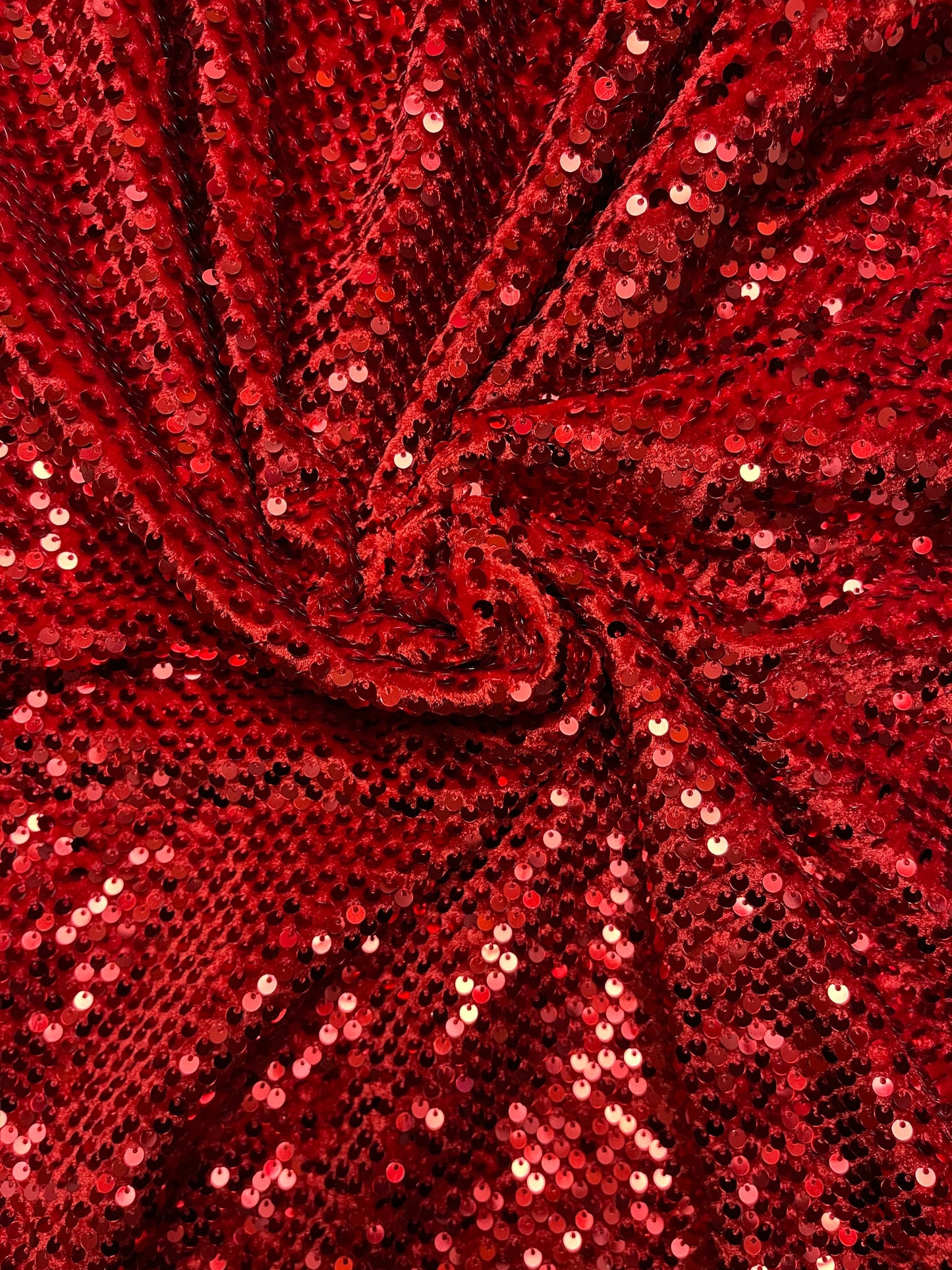 Luxury red sequins embroidered on great quality of stretch velvet 4-way stretch 58/60” Sold by the YD. Ships Worldwide from Los Angeles cali