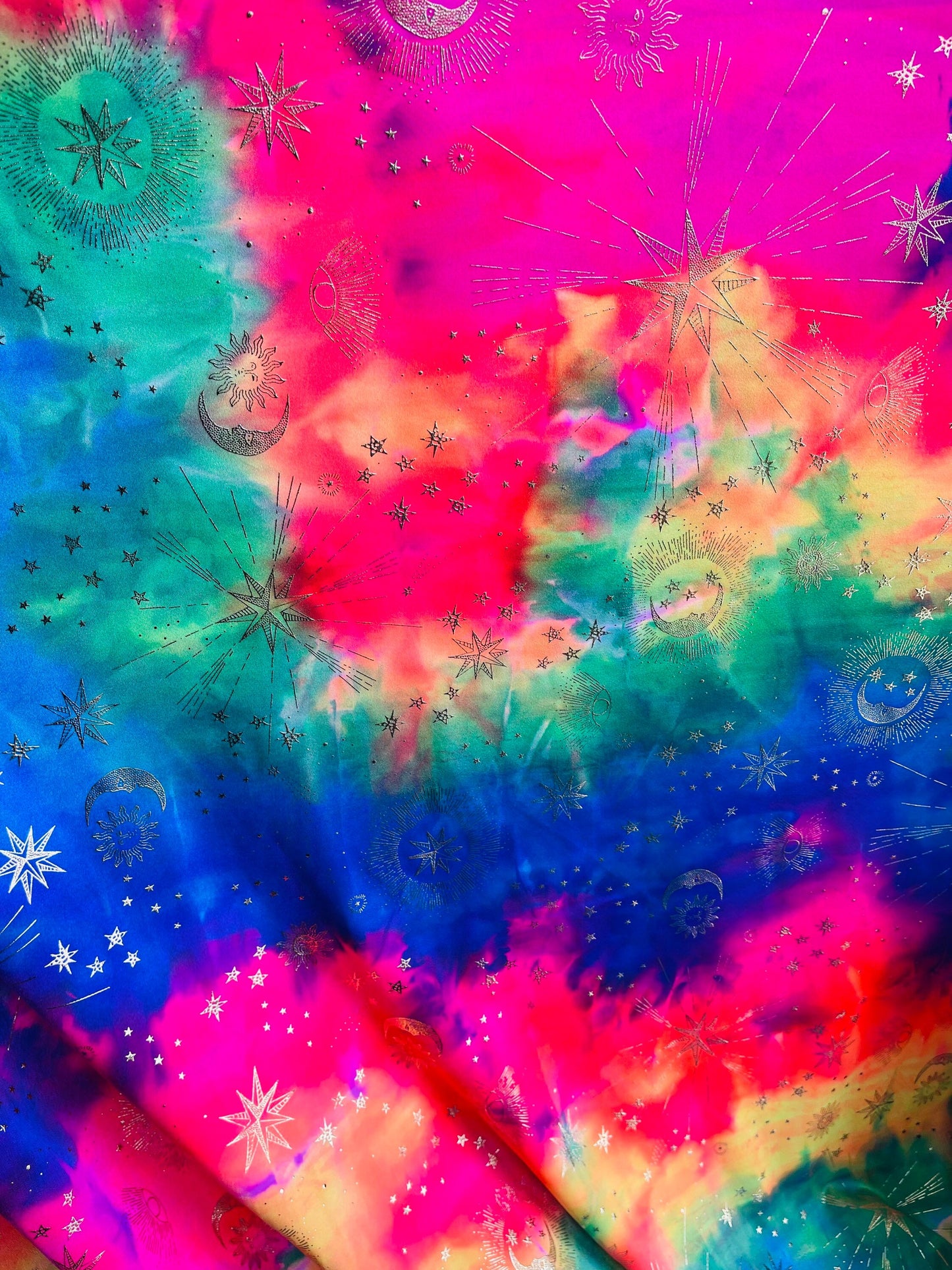 New celestial multi stars design metallic nylon spandex 4-way stretch medium weight 58/60” Sold by the YD. Ships Worldwide from Los Angeles