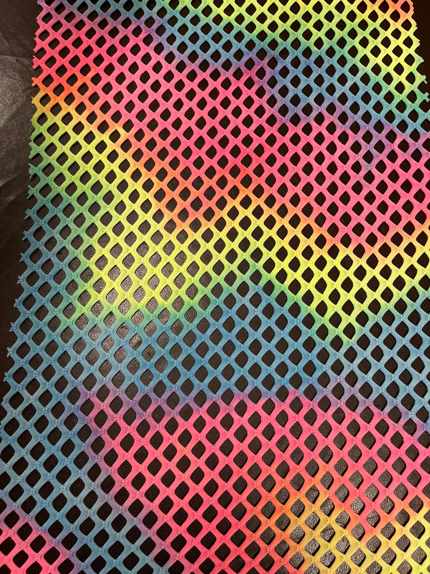 New Diamond Tie Dye fishnet Multicolor 4-way stretch 58/60” Sold by the YD. Ships Worldwide from Los Angeles California USA.