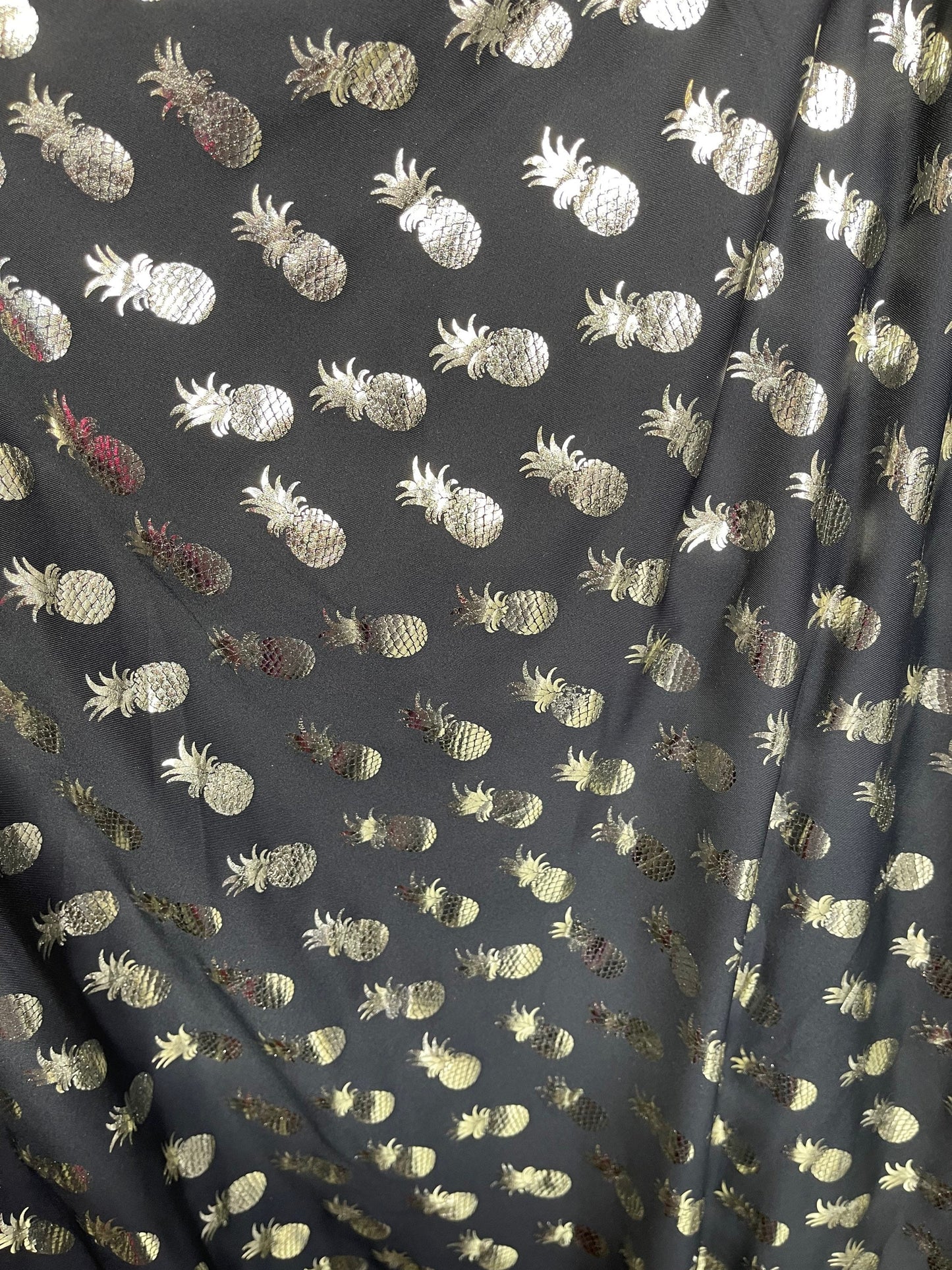 New Pineapple design metallic poly spandex 4-way stretch 58/60” Sold by the YD. Ships Worldwide from Los Angeles California USA.