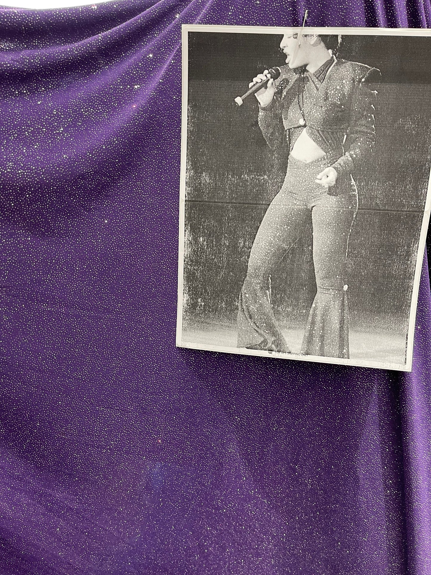 Selena design purple/silver poly spandex with glitter all over 4-way stretch 58/60” Sold by the YD. Ships Worldwide from Los Angeles CA