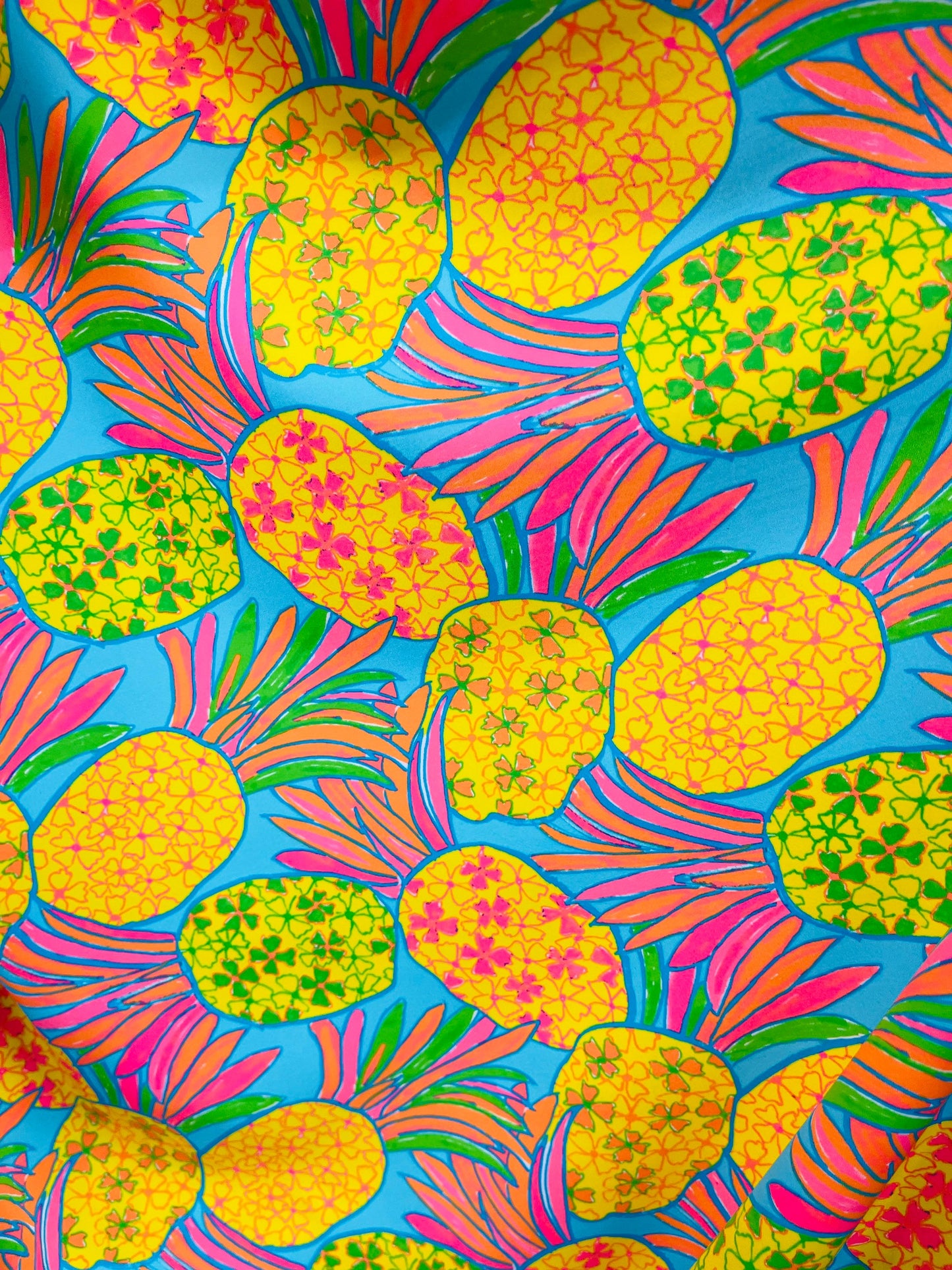 New Pineapple design tropical multicolor print on best quality of nylon spandex 4-way stretch 58/60” Sold by the YD. Ships Worldwide