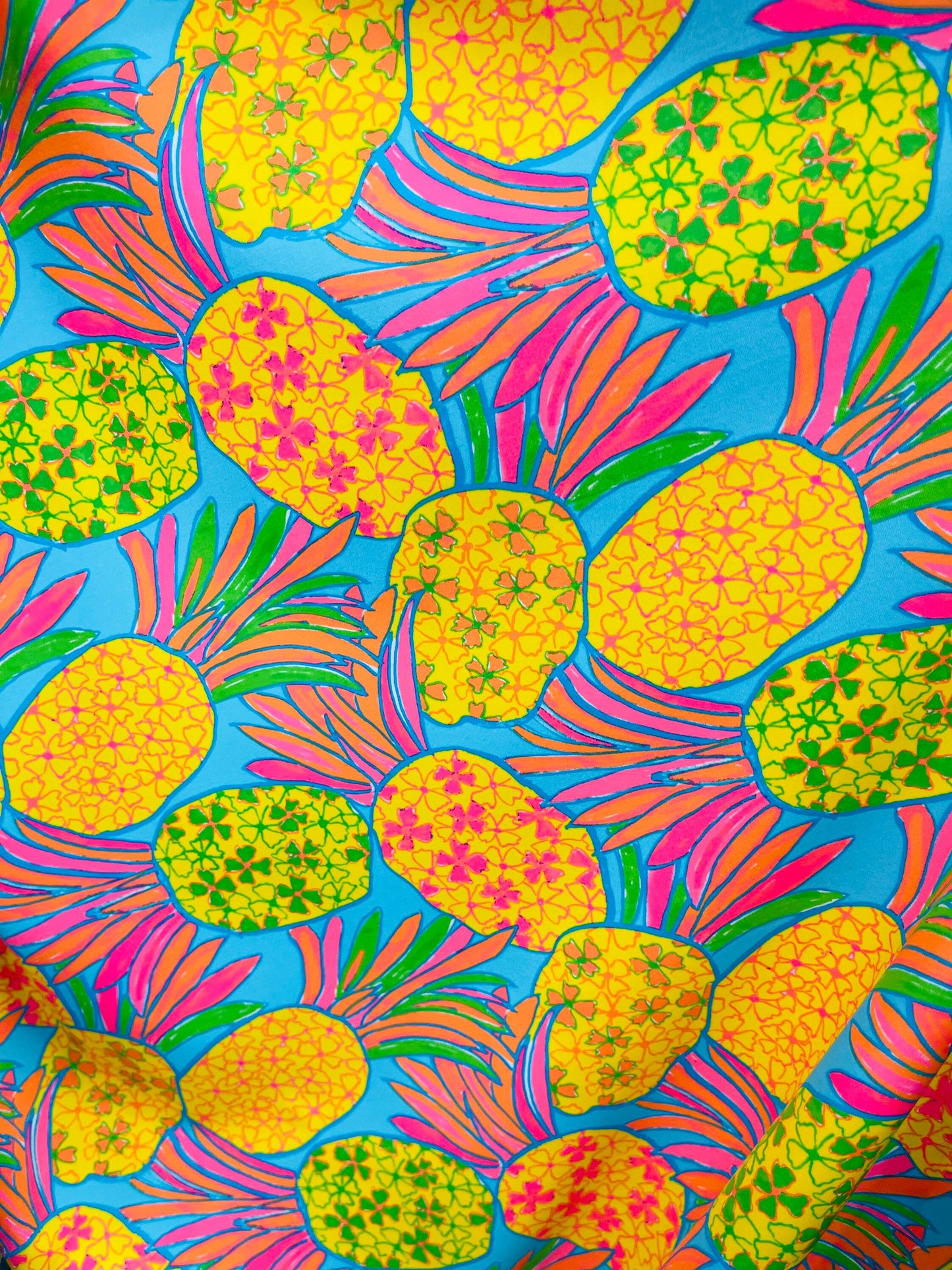 New Pineapple design tropical multicolor print on best quality of nylon spandex 4-way stretch 58/60” Sold by the YD. Ships Worldwide