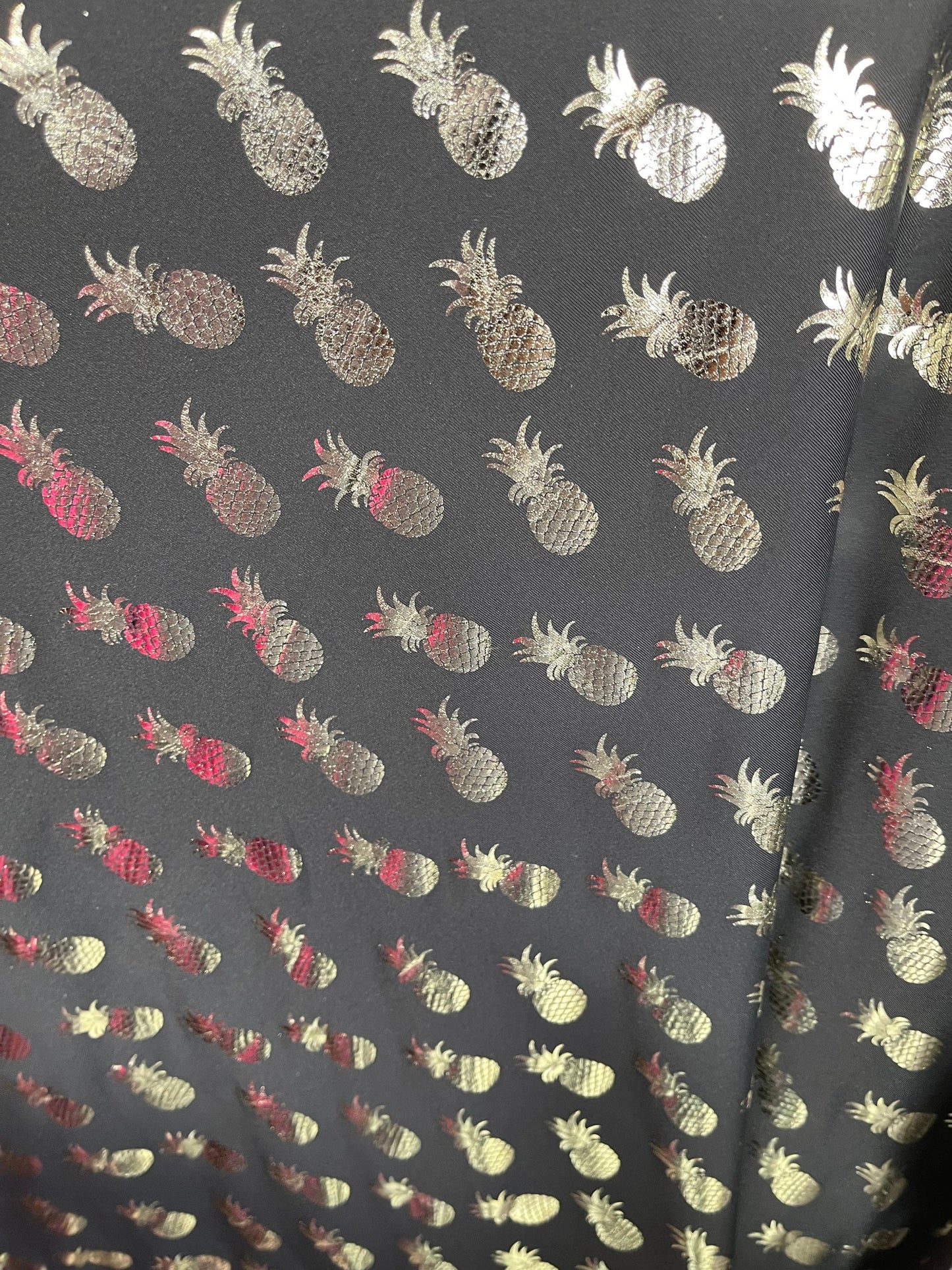 New Pineapple design metallic poly spandex 4-way stretch 58/60” Sold by the YD. Ships Worldwide from Los Angeles California USA.