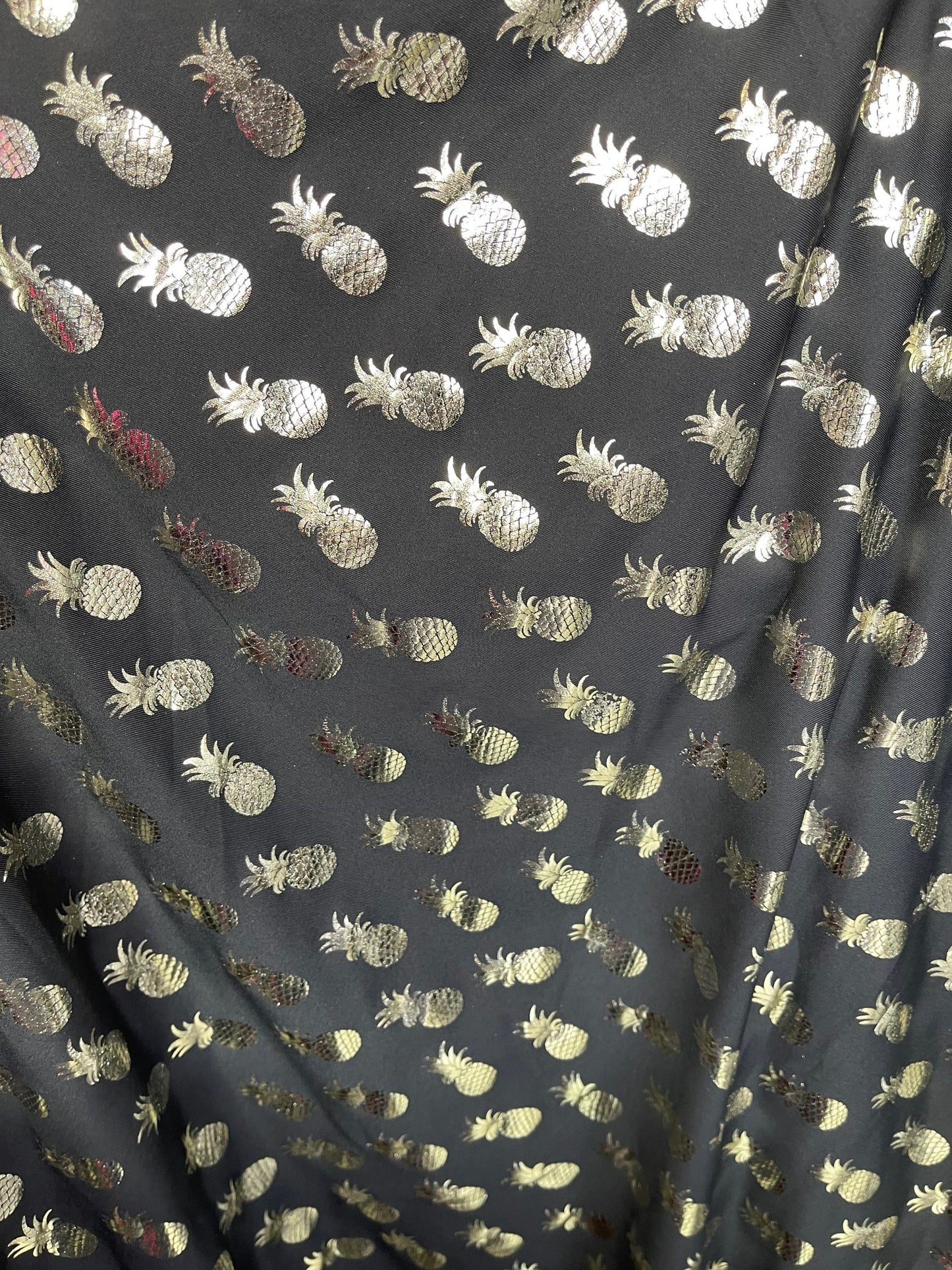 New Pineapple design metallic poly spandex 4-way stretch 58/60” Sold by the YD. Ships Worldwide from Los Angeles California USA.