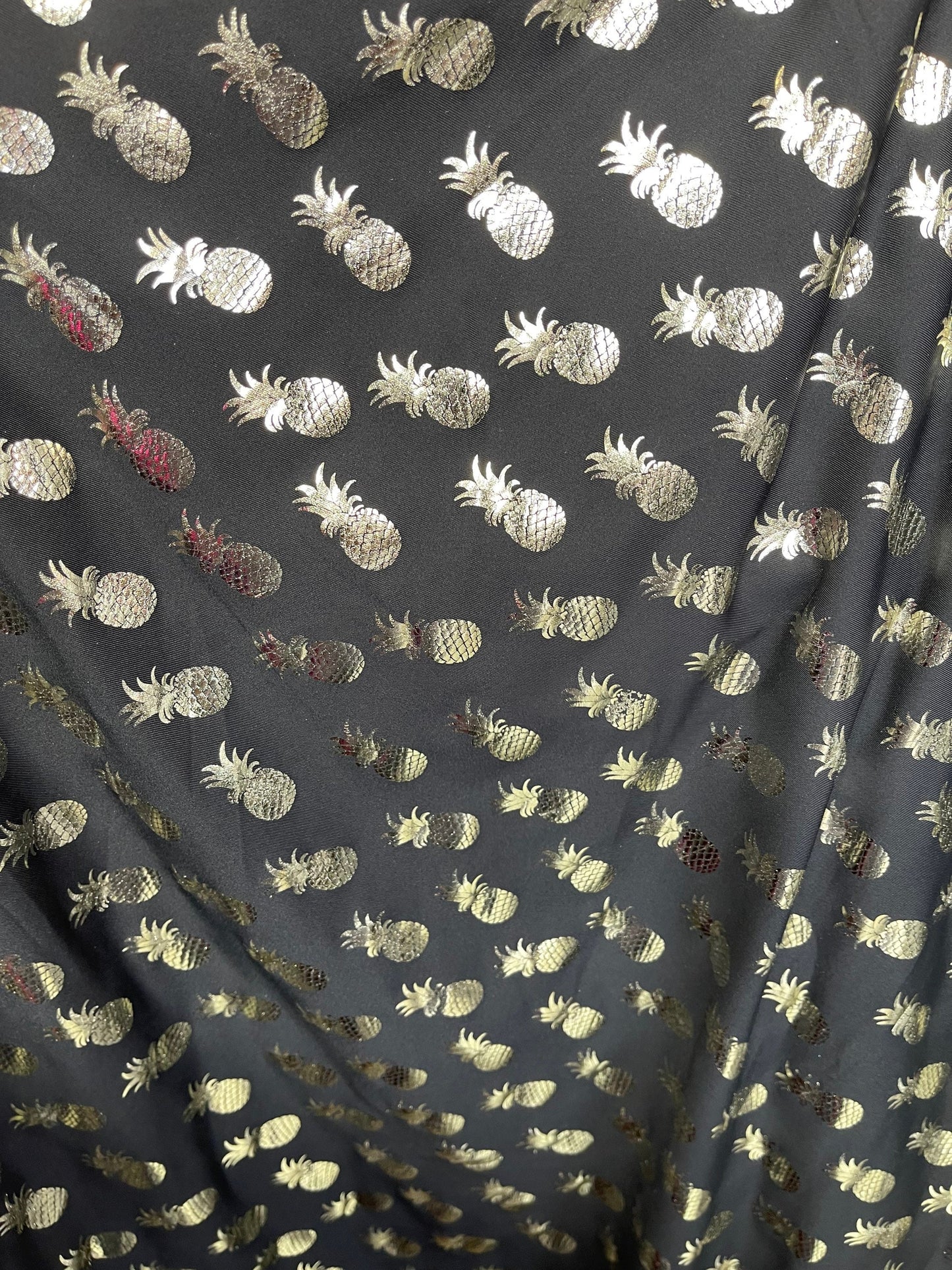 New Pineapple design metallic poly spandex 4-way stretch 58/60” Sold by the YD. Ships Worldwide from Los Angeles California USA.