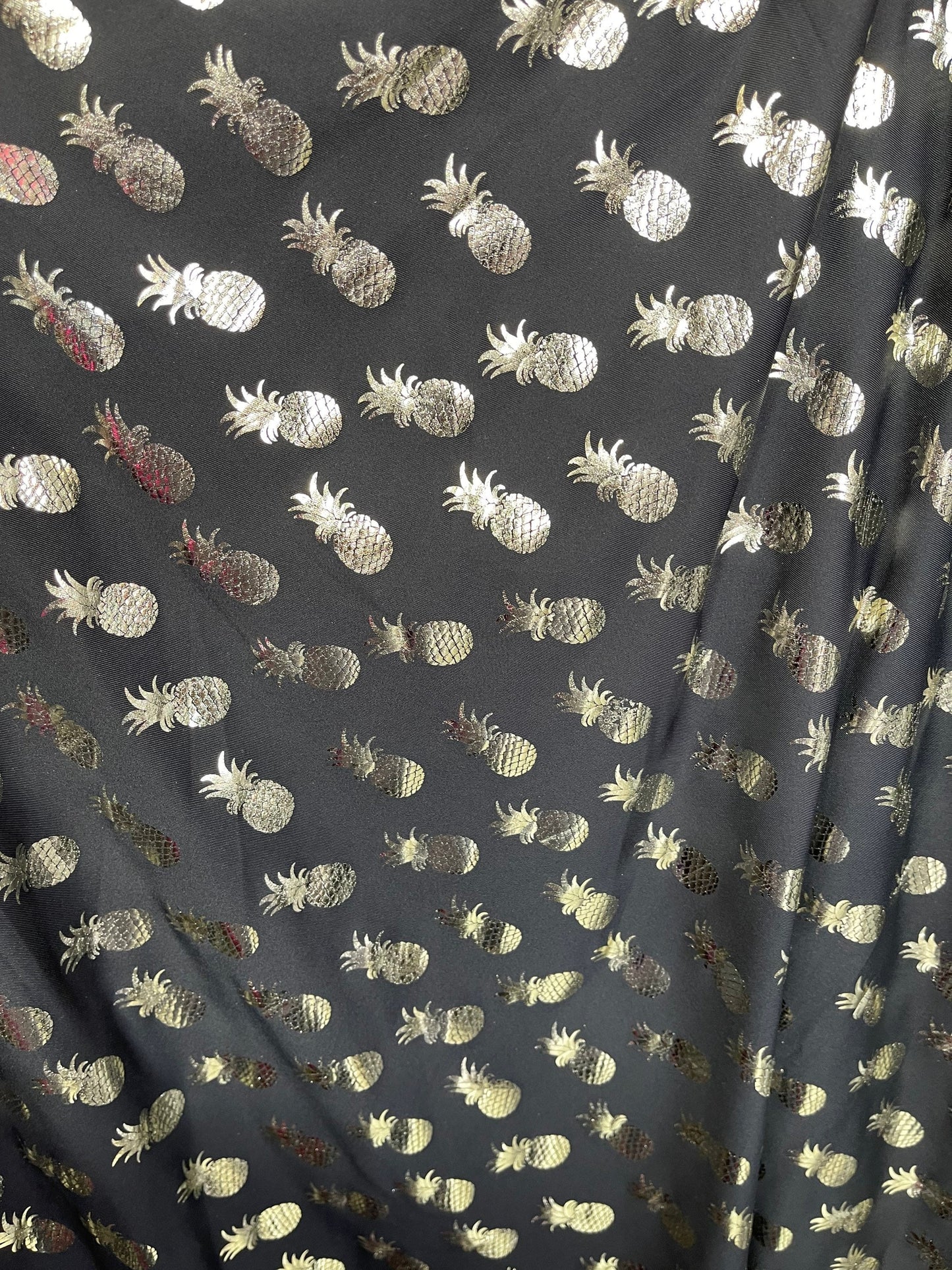 New Pineapple design metallic poly spandex 4-way stretch 58/60” Sold by the YD. Ships Worldwide from Los Angeles California USA.