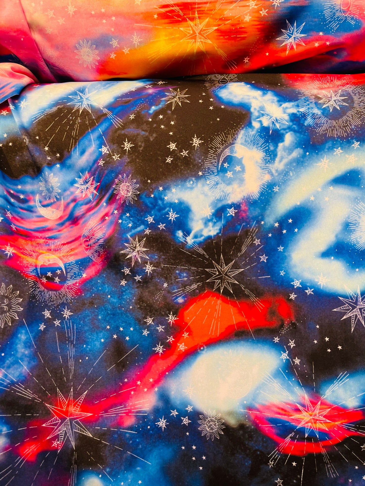 New Tie Dye celestial design print on great quality of nylon spandex 4-way stretch 58/60” Sold by the YD. Ships Worldwide from Los Angeles