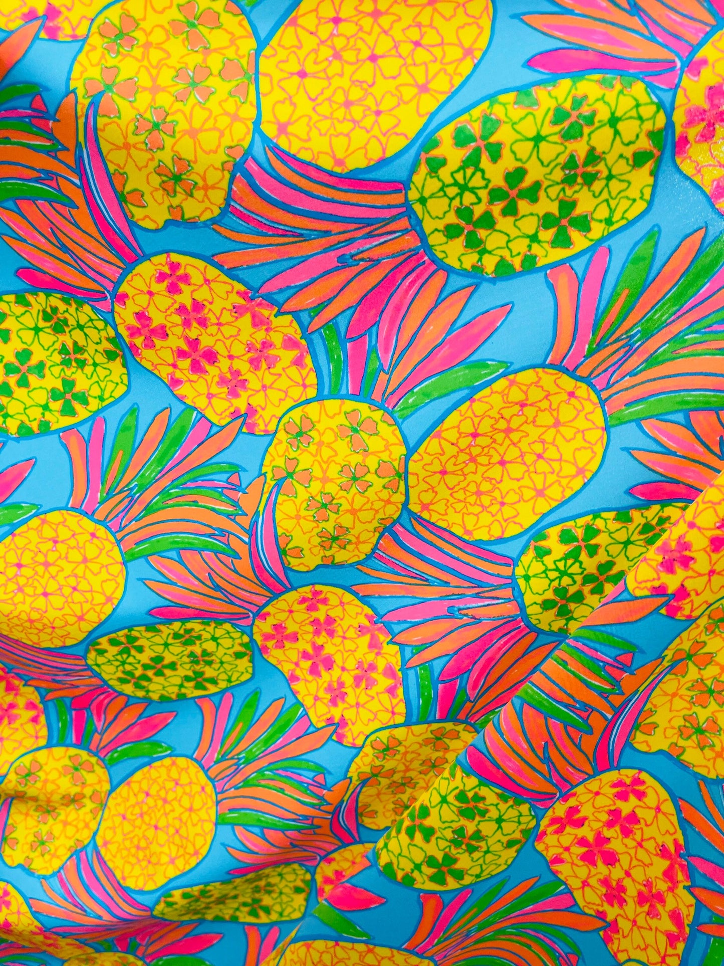 New Pineapple design tropical multicolor print on best quality of nylon spandex 4-way stretch 58/60” Sold by the YD. Ships Worldwide