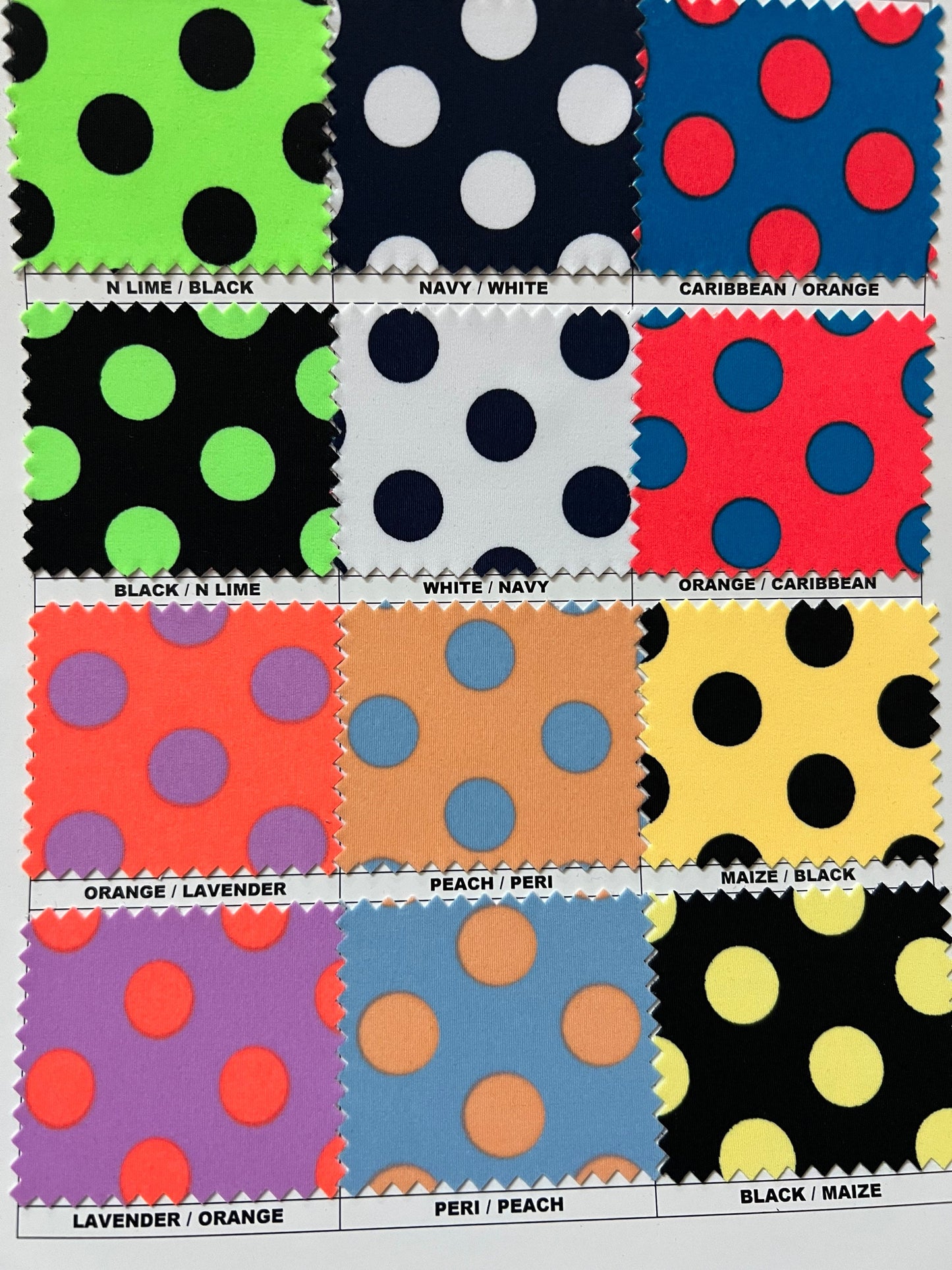 Polka dots design print on best quality of Matte nylon spandex 4-way stretch 58/60” Sold by the YD. Ships worldwide from Los Angeles CA USA.