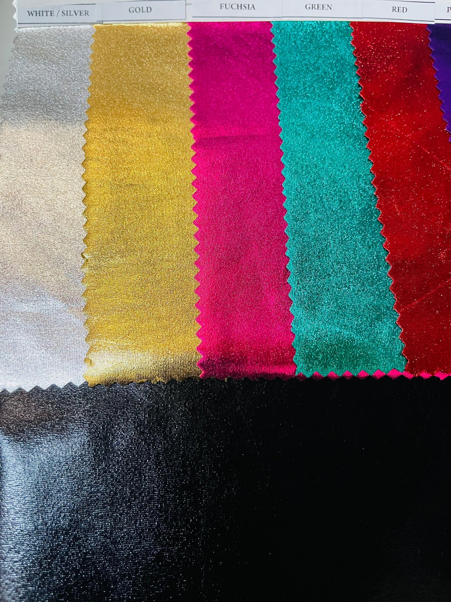 All over foil single spandex 4-way stretch 58/60” Sold by the YD. Ships Worldwide from Los Angeles California USA.