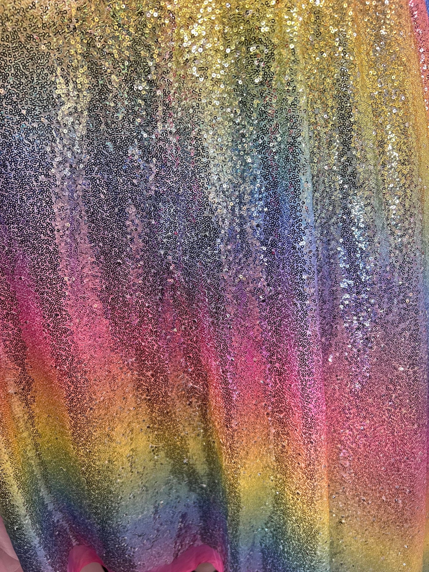 New rainbow mesh with mini sequins stripe rainbow design embroidered on stretch mesh 4-way stretch 50/52” Sold by the YD. Ships Worldwide