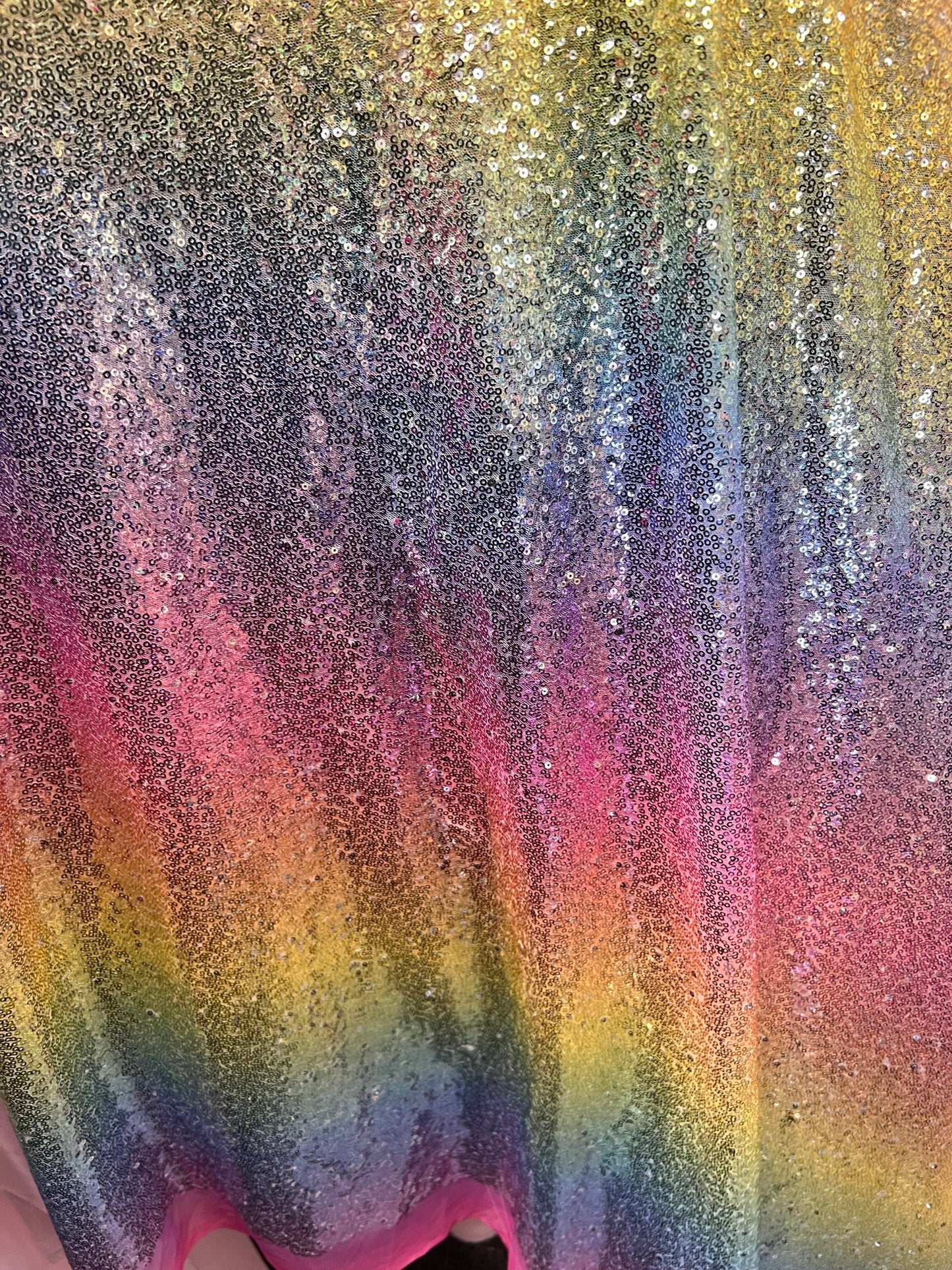 New rainbow mesh with mini sequins stripe rainbow design embroidered on stretch mesh 4-way stretch 50/52” Sold by the YD. Ships Worldwide