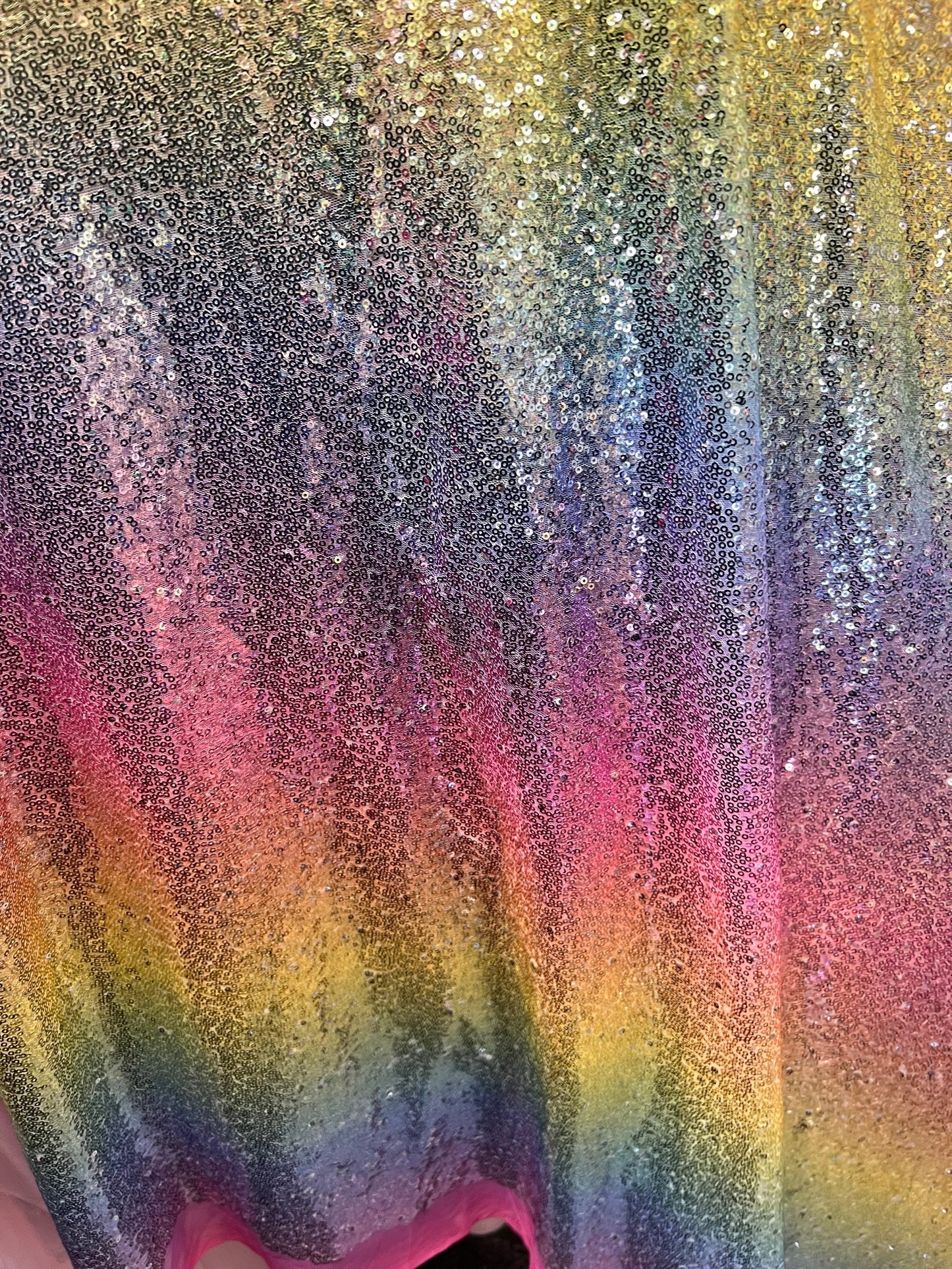 New rainbow mesh with mini sequins stripe rainbow design embroidered on stretch mesh 4-way stretch 50/52” Sold by the YD. Ships Worldwide