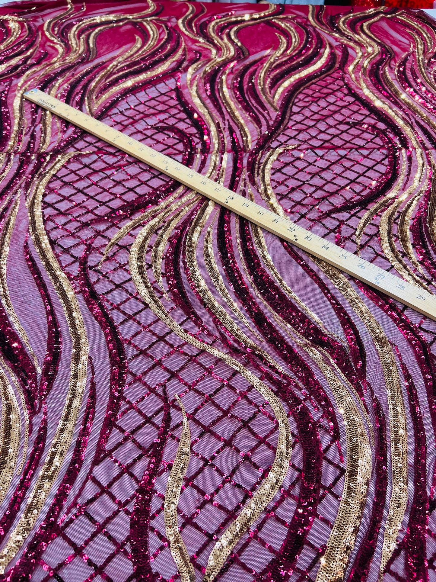 New Luxury abstract design embroidered sequins on stretch mesh 2-way stretch 55/57” Sold by the YD. Ships Worldwide from Los Angeles CA