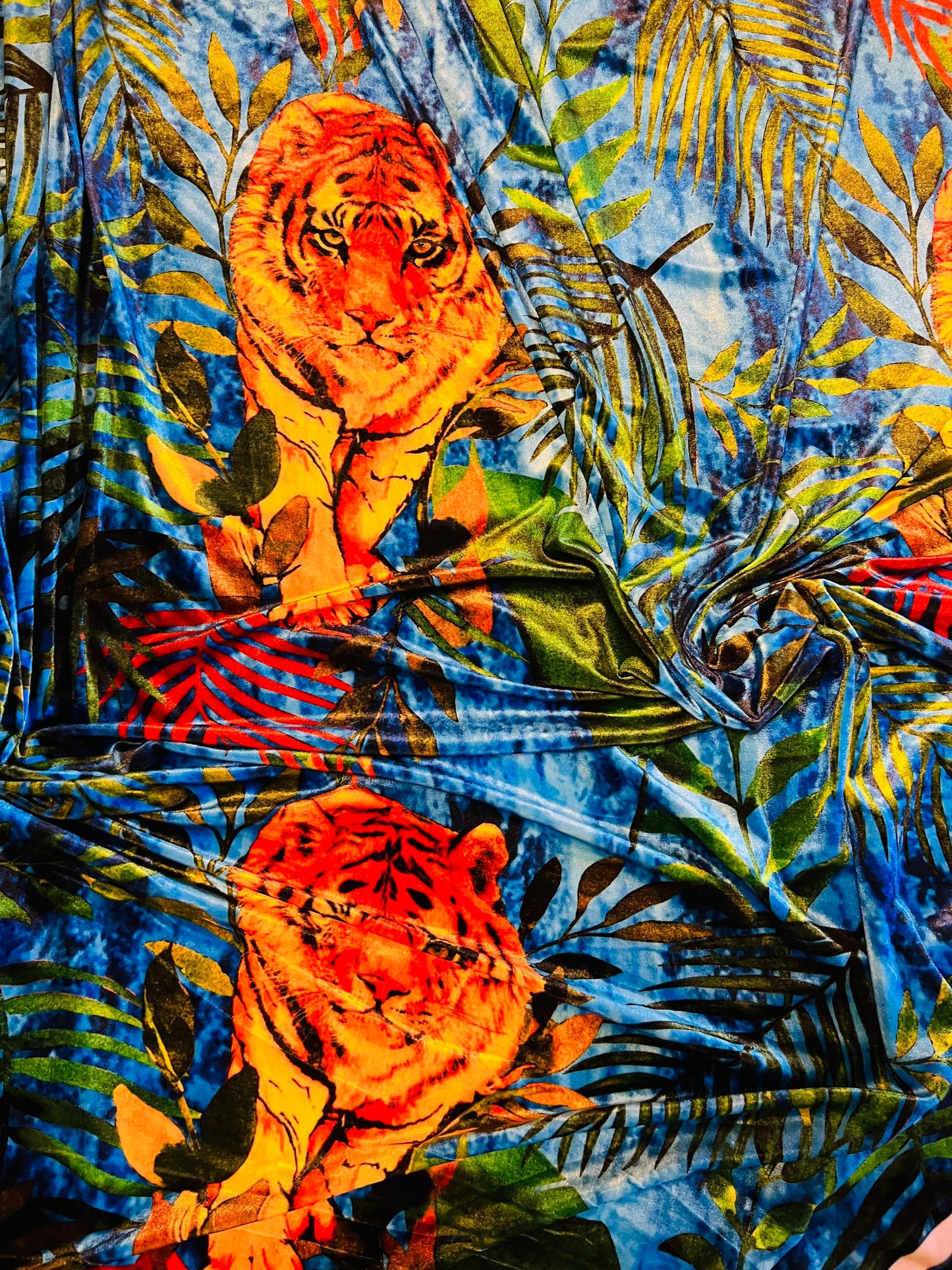 Exotic Tiger design print on great quality of stretch velvet 4-way stretch 58/60” Sold by the YD. Ships worldwide from Los Angeles Californi