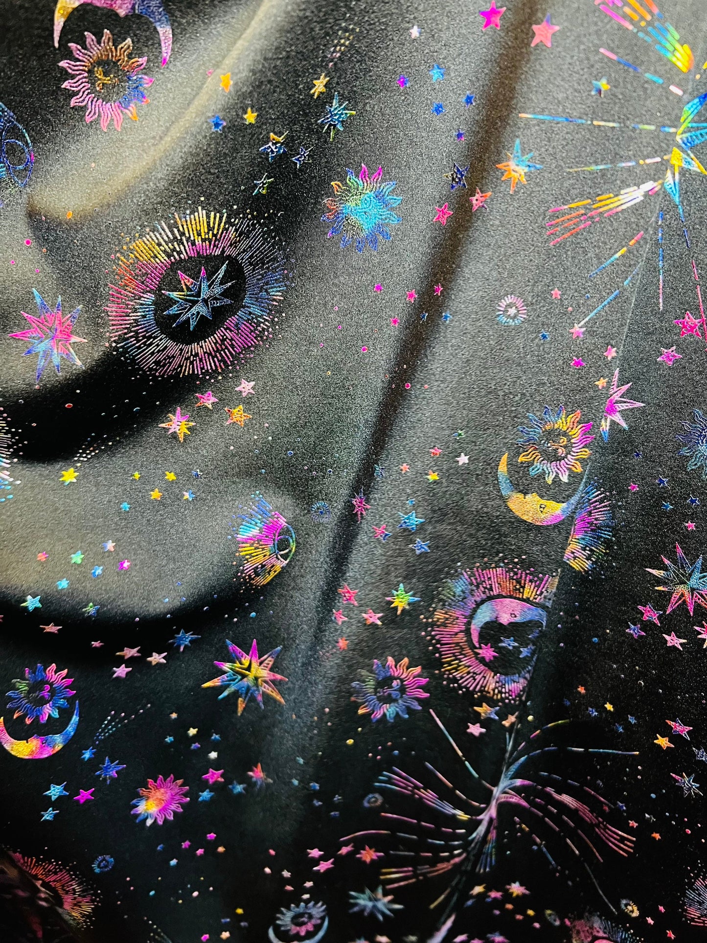 Moon and stars design print on best quality of nylon spandex 4-way stretch 58/60” Sold by the YD. Ships Worldwide from Los Angeles cali