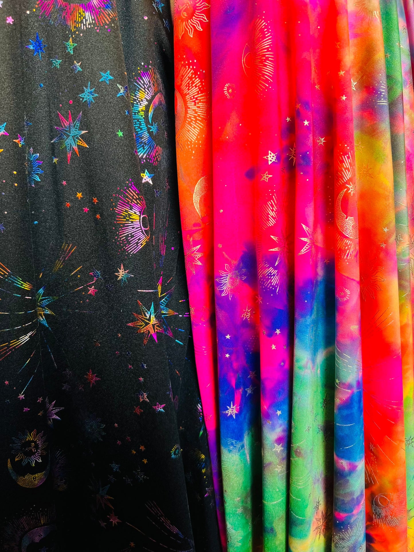 Moon and stars design print on best quality of nylon spandex 4-way stretch 58/60” Sold by the YD. Ships Worldwide from Los Angeles cali
