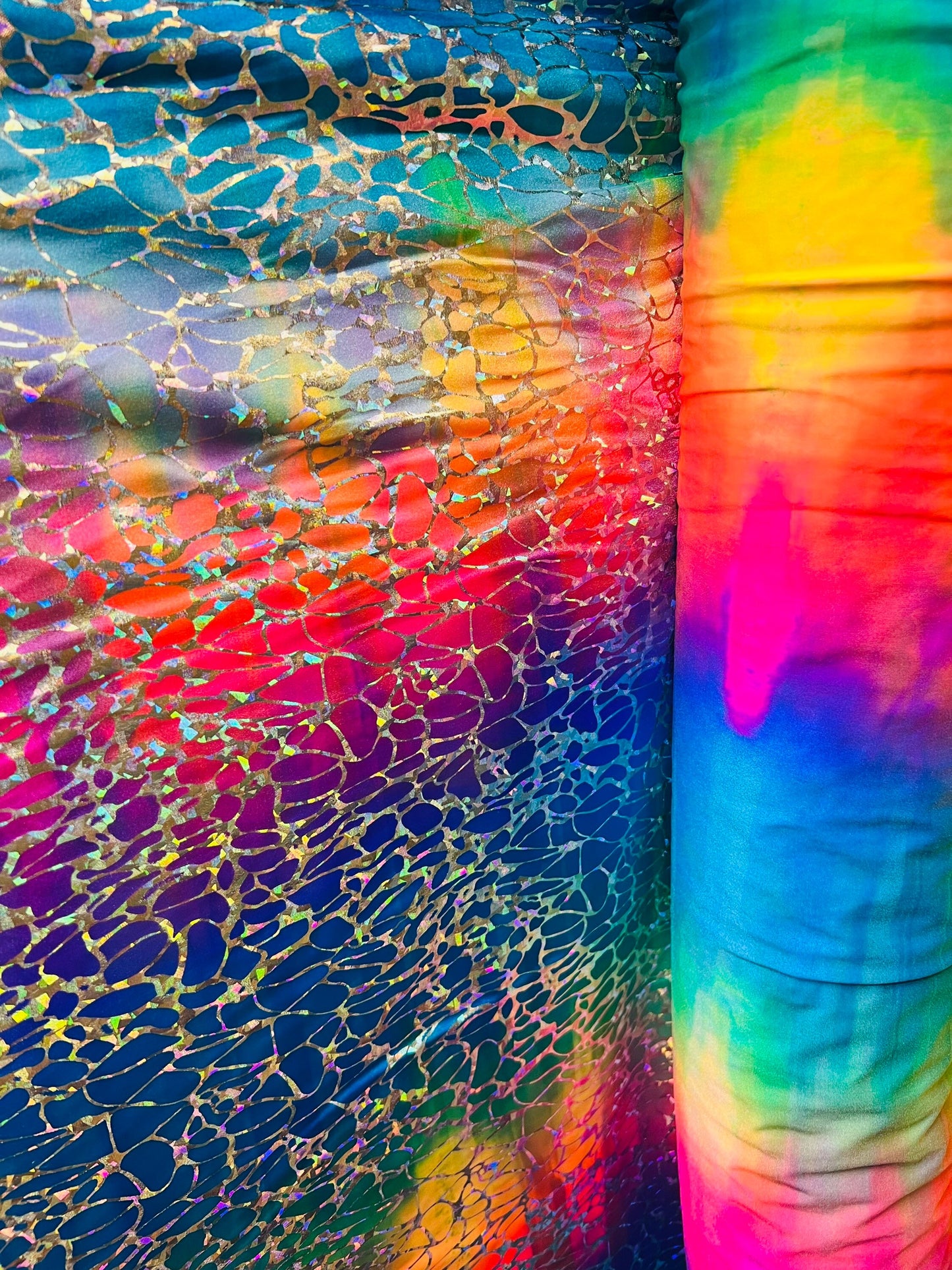 Spider design hologram metallic nylon spandex 4-way stretch 58/60” Sold by the YD. Ships Worldwide from Los Angeles California USA